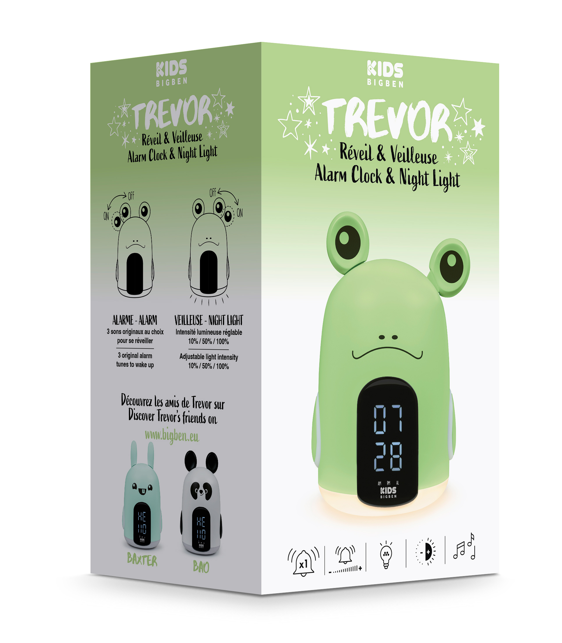 Despertador verde con forma de rana con una pantalla digital. Tiene una caja con imágenes de otros relojes.
