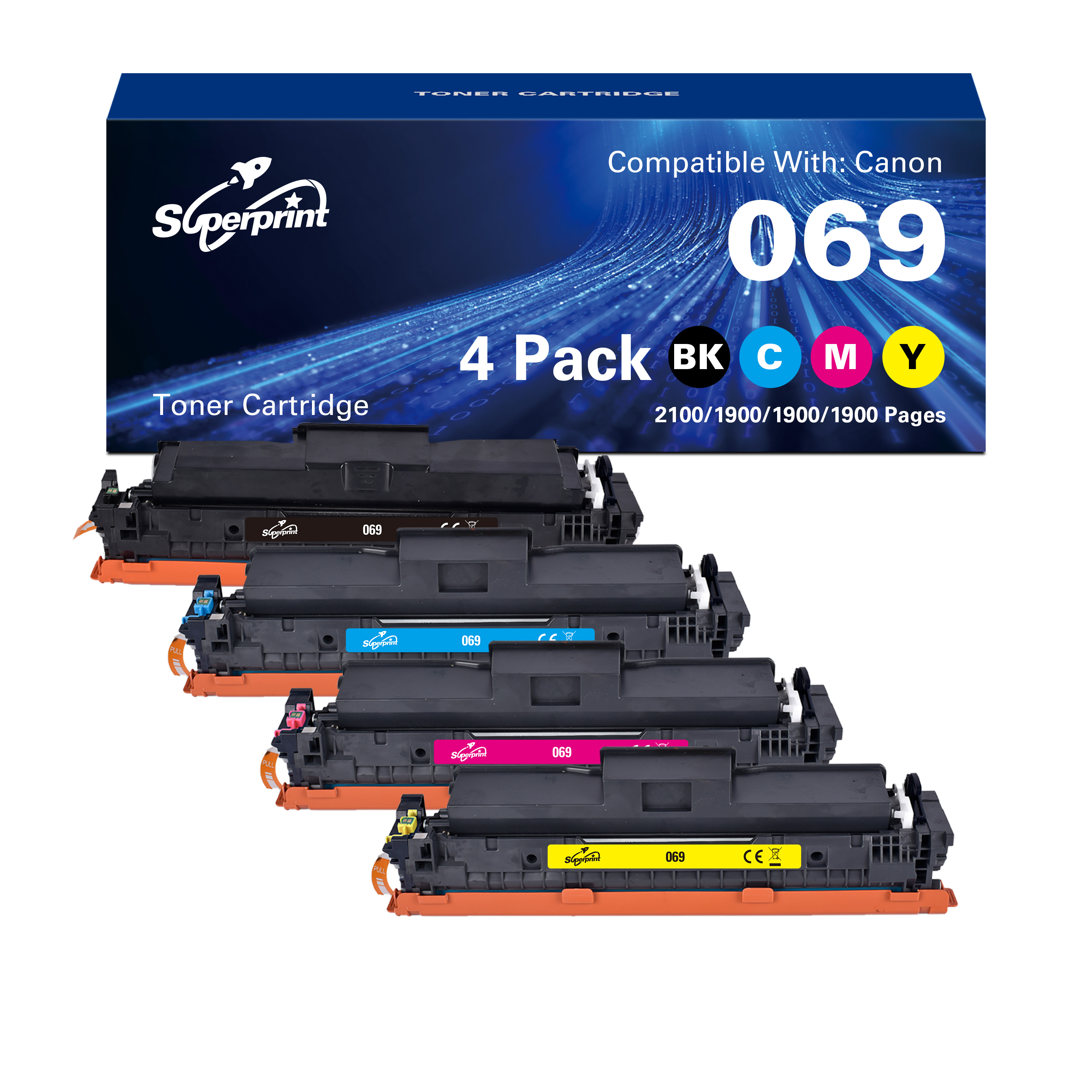 Doos met zwarte tonercartridges met cyaan, magenta en geel. Zwarte cartridges eronder. Witte achtergrond.