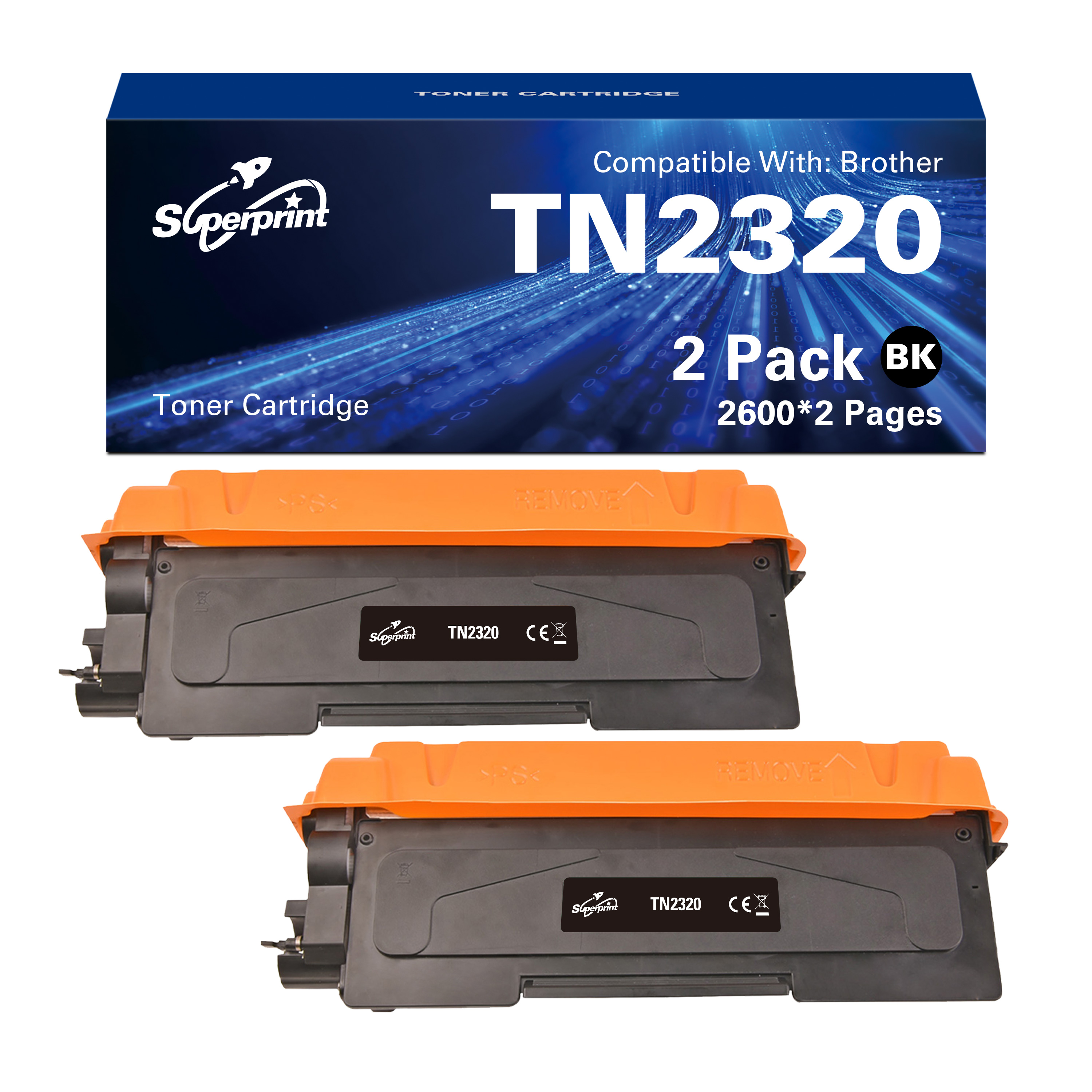 Deux cartouches de toner orange et noir avec une boîte bleue indiquant cartouche de toner.