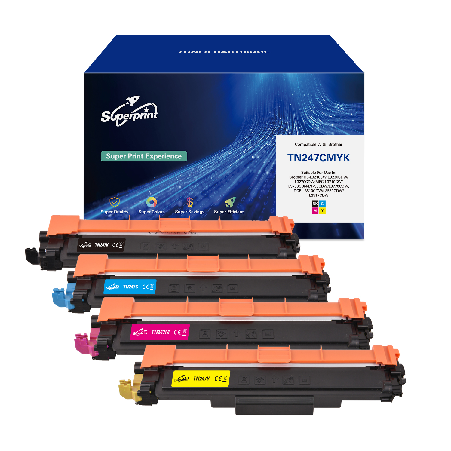 Een doos met tonercartridges, met vier cartridges zichtbaar. De cartridges hebben verschillende kleuren.