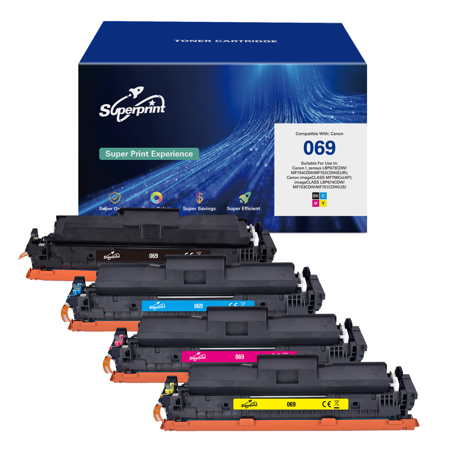 Een set Canon 069 tonercartridges. Dozen tonen kleurgecodeerde cartridges. De tekst op de doos is zichtbaar.