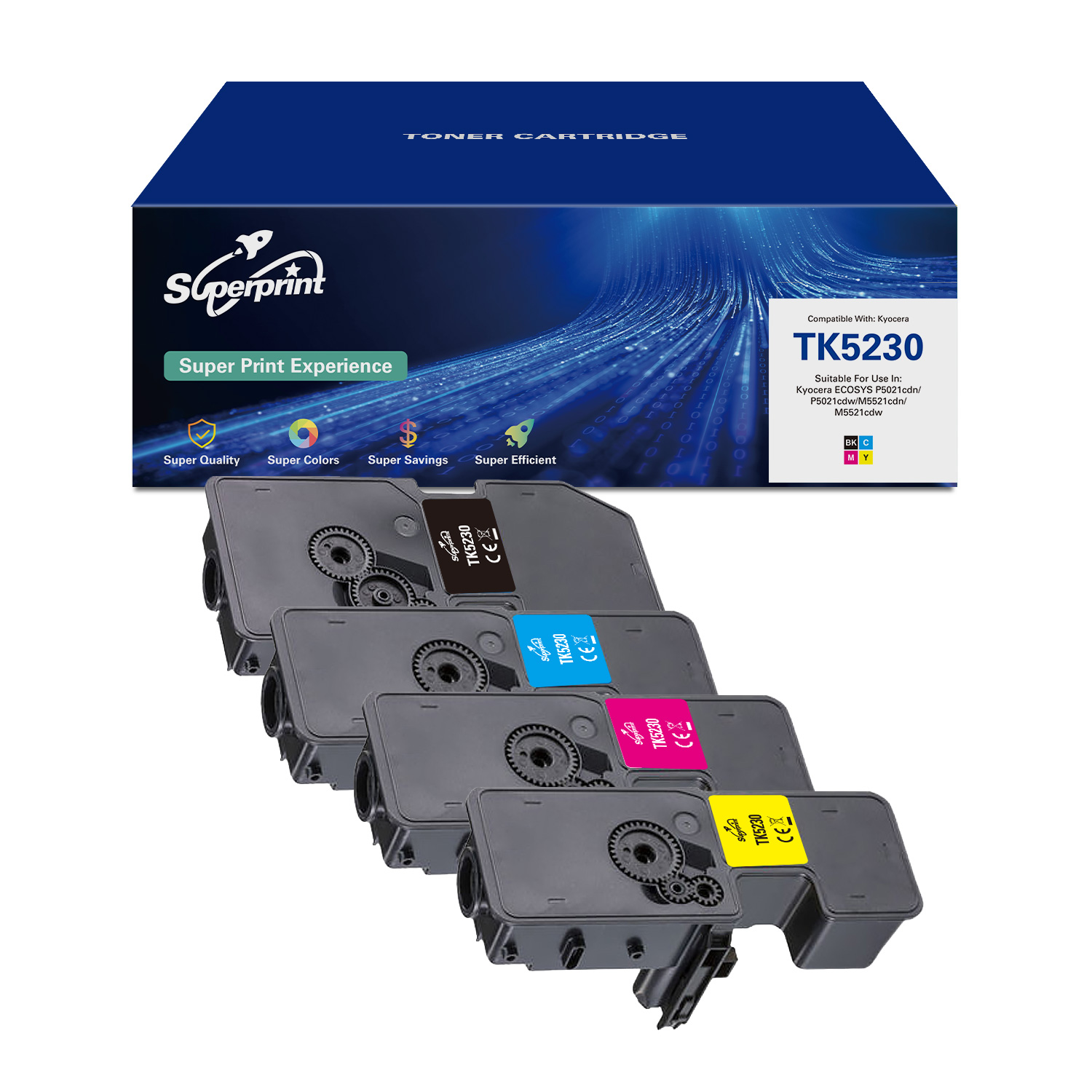 Tonercartridgebox met meerdere tonercartridges, gelabeld met kleuren.