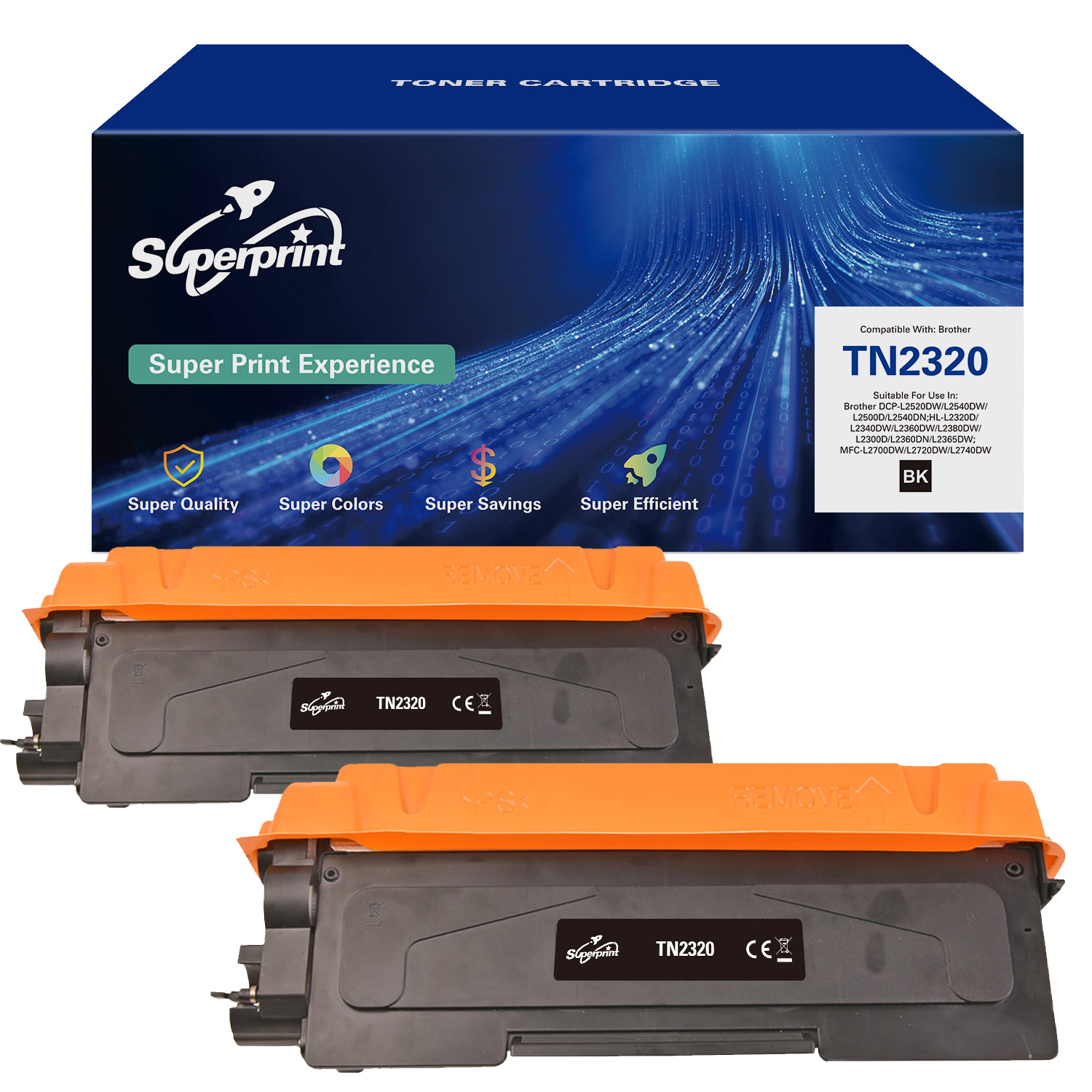 Deux cartouches de toner noires avec des couvercles orange, dans une boîte bleue et blanche. Texte indique le produit.