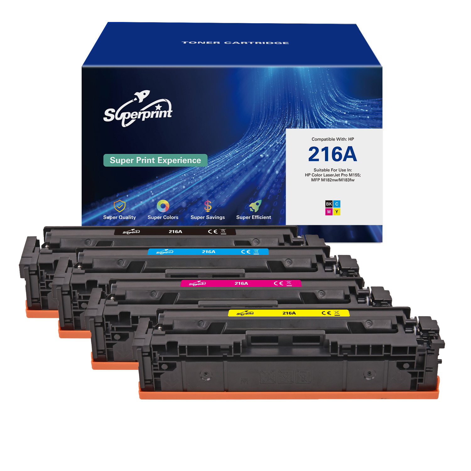 Tonercartridges in een doos. De doos toont tonerkwaliteit, kleuren, besparingen en efficiëntie.