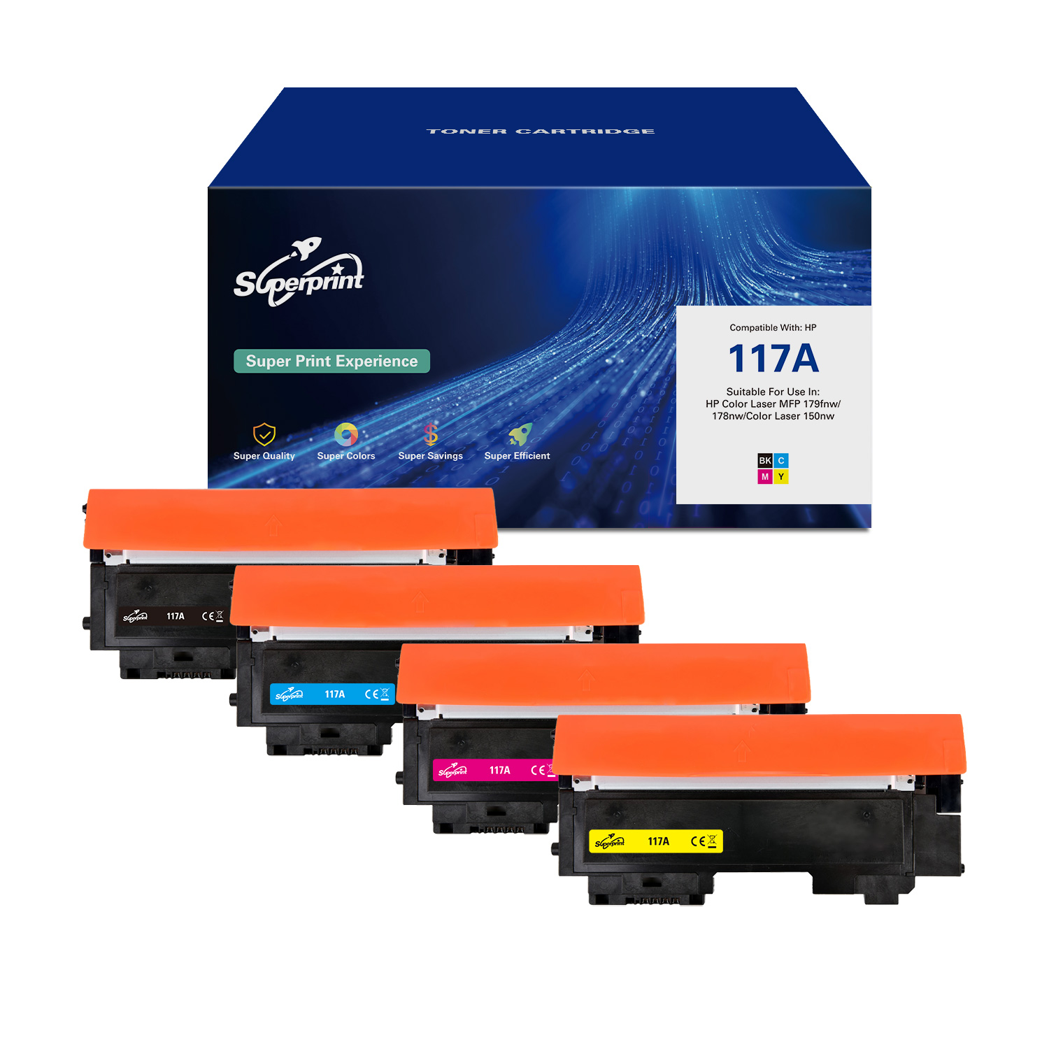 Une boîte de cartouches de toner Superprint, avec quatre cartouches de couleurs différentes.