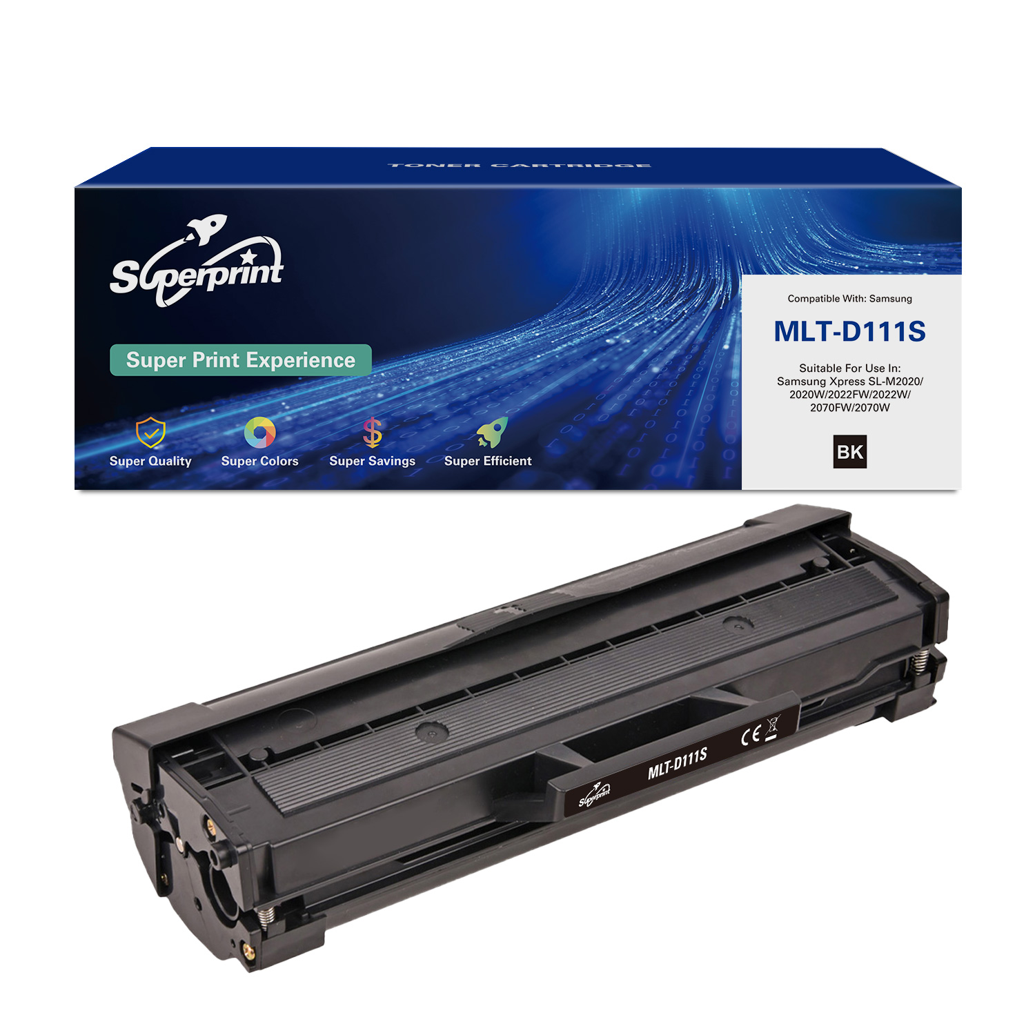 Tonercartridgebox en cartridge eronder. Doos vermeldt 'Superprint' en 'MLT-D111S'. De cartridge is zwart.