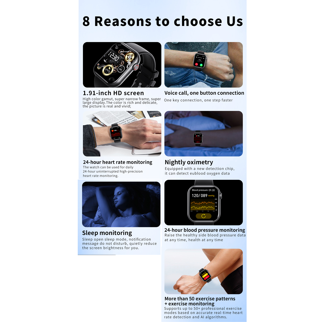 Infografika smartwatcha z funkcjami takimi jak monitorowanie tętna, ciśnienia krwi i snu.