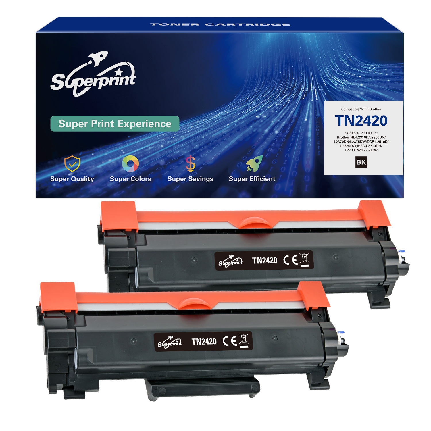 Twee Superprint tonercartridges in een doos. Oranje accenten, zwart en grijs.