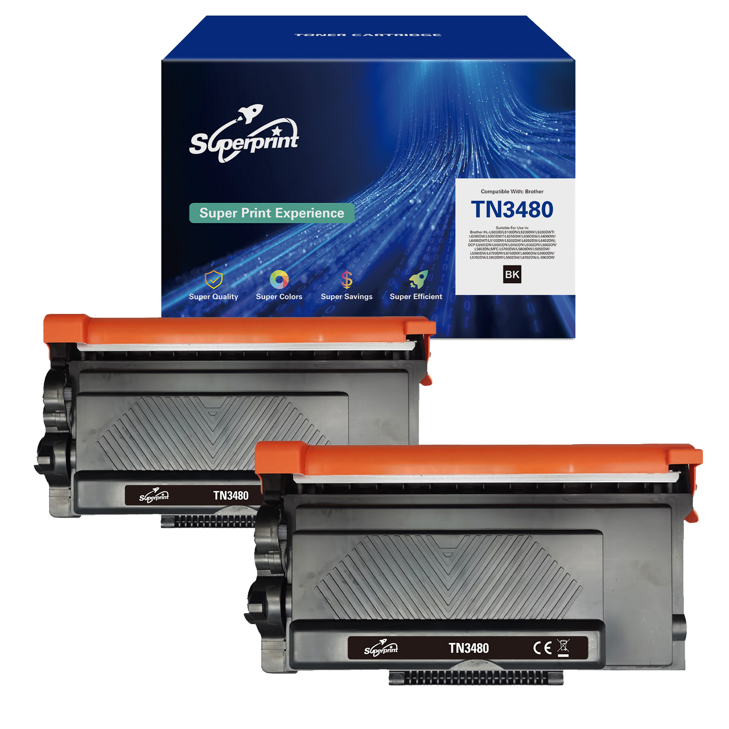 Twee zwarte TN3480 tonercartridges in een doos, met het Superprint label.