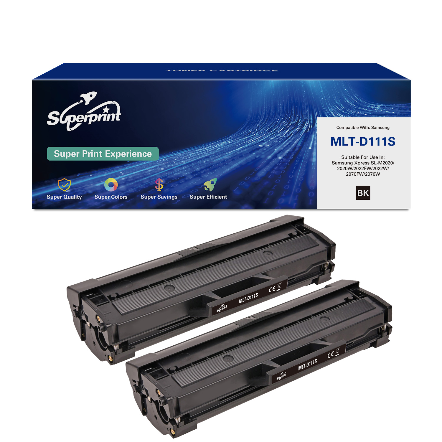Twee zwarte tonercartridges en een doos met productinformatie. Witte achtergrond.