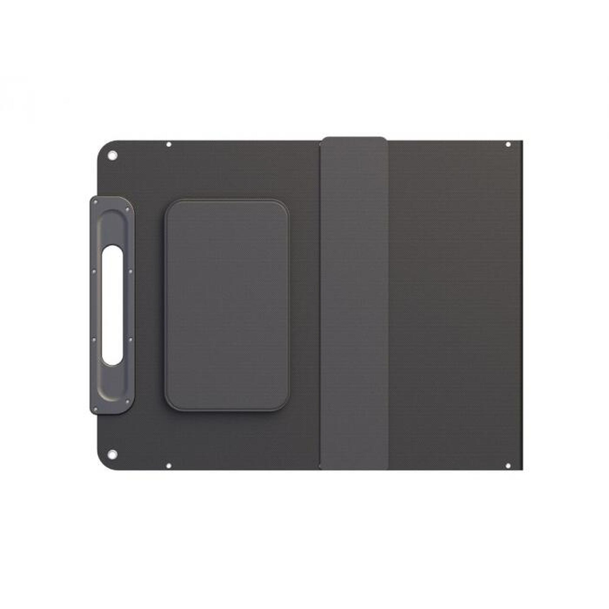 Szara prostokątna podkładka na biurko. Posiada wcięcie po lewej i podwyższoną część pośrodku.