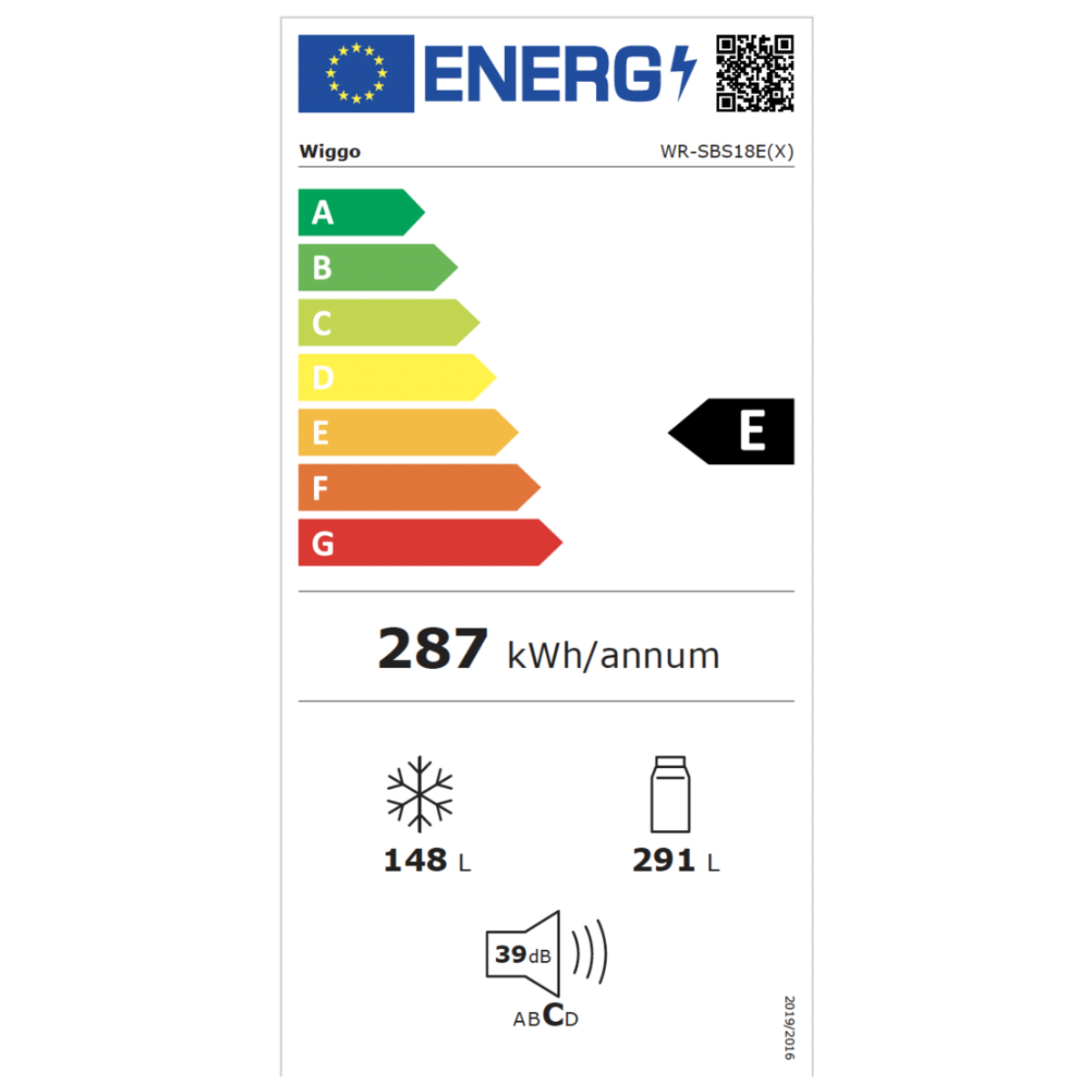 Energielabel voor een koelkast met energieverbruik.