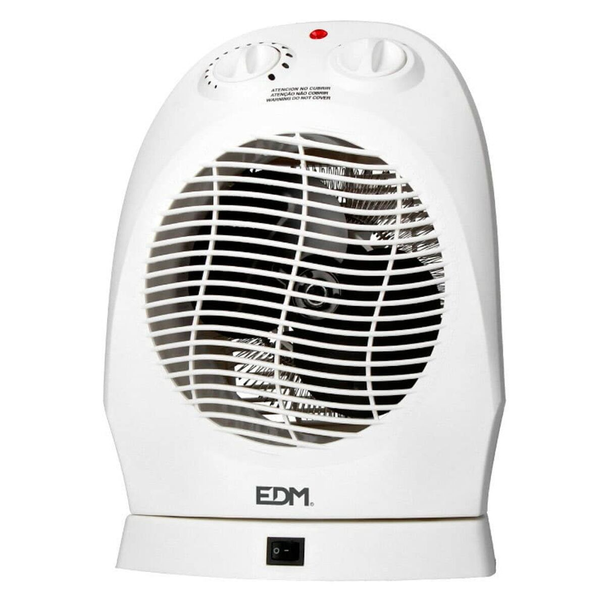 Termoventilatore elettrico bianco, vista frontale, con griglia e manopole di controllo sopra.