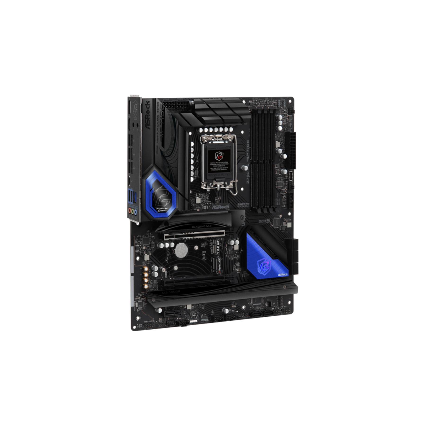 Placa base negra y azul con componentes, sobre fondo blanco.