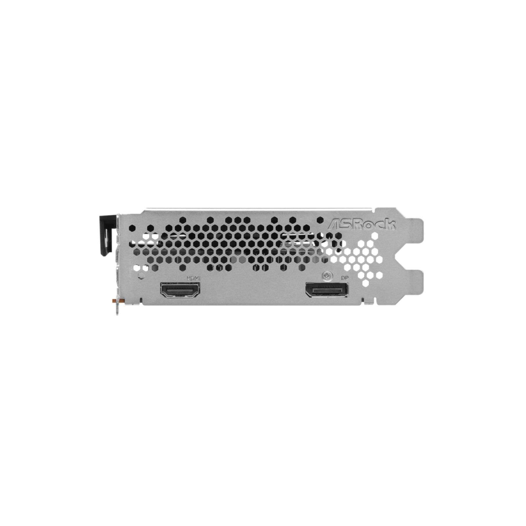 Porte della scheda grafica. HDMI e DP visibili. Metallo argentato con porte nere. Sfondo bianco.