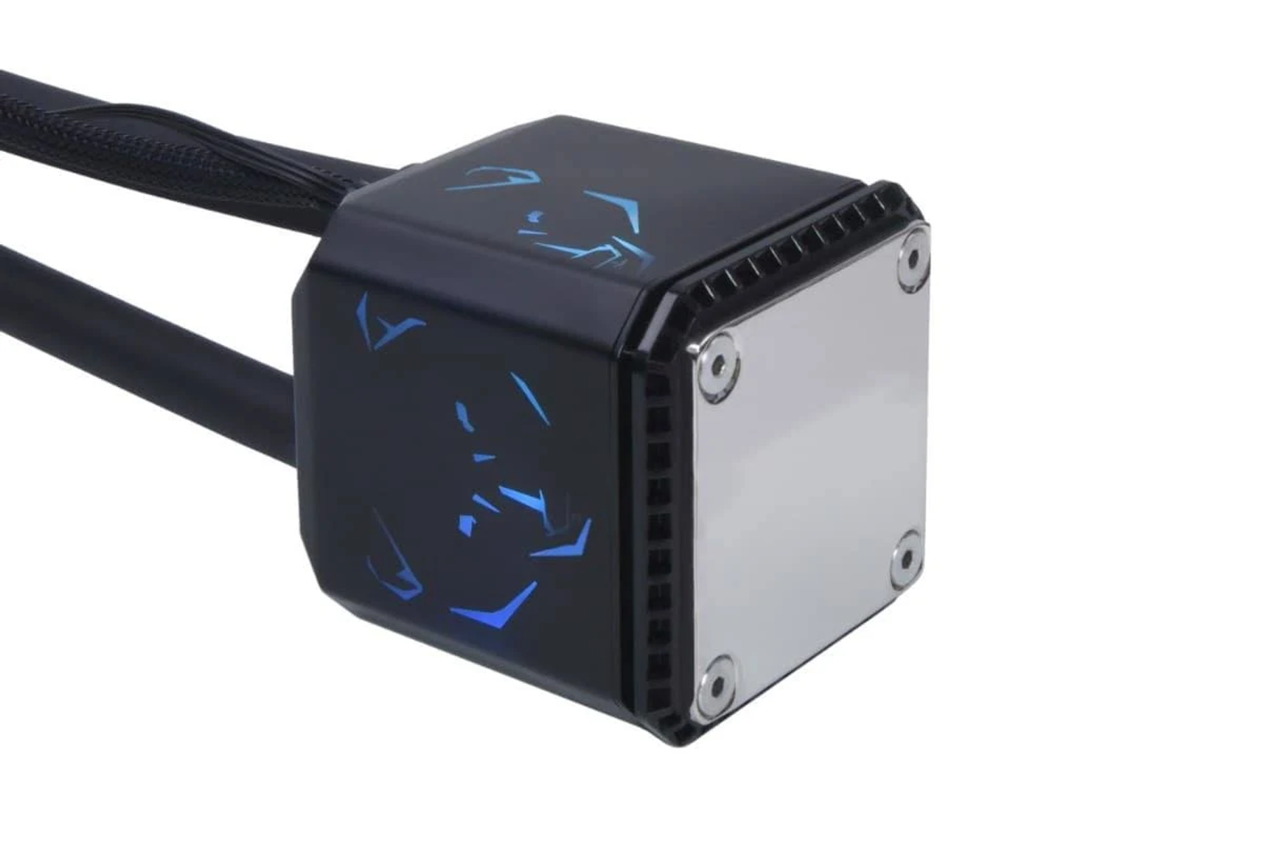 Dissipatore CPU nero e argento con accenti blu.