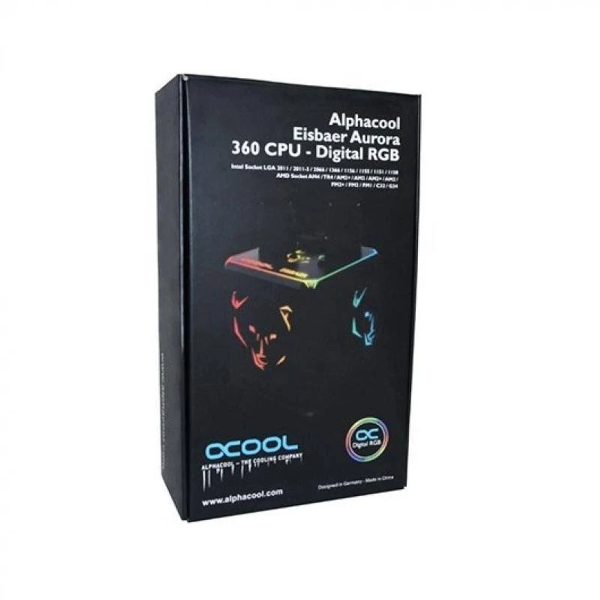 Scatola nera con testo: Alphacool Eisbaer Aurora. La scatola ha l'immagine di un dissipatore.