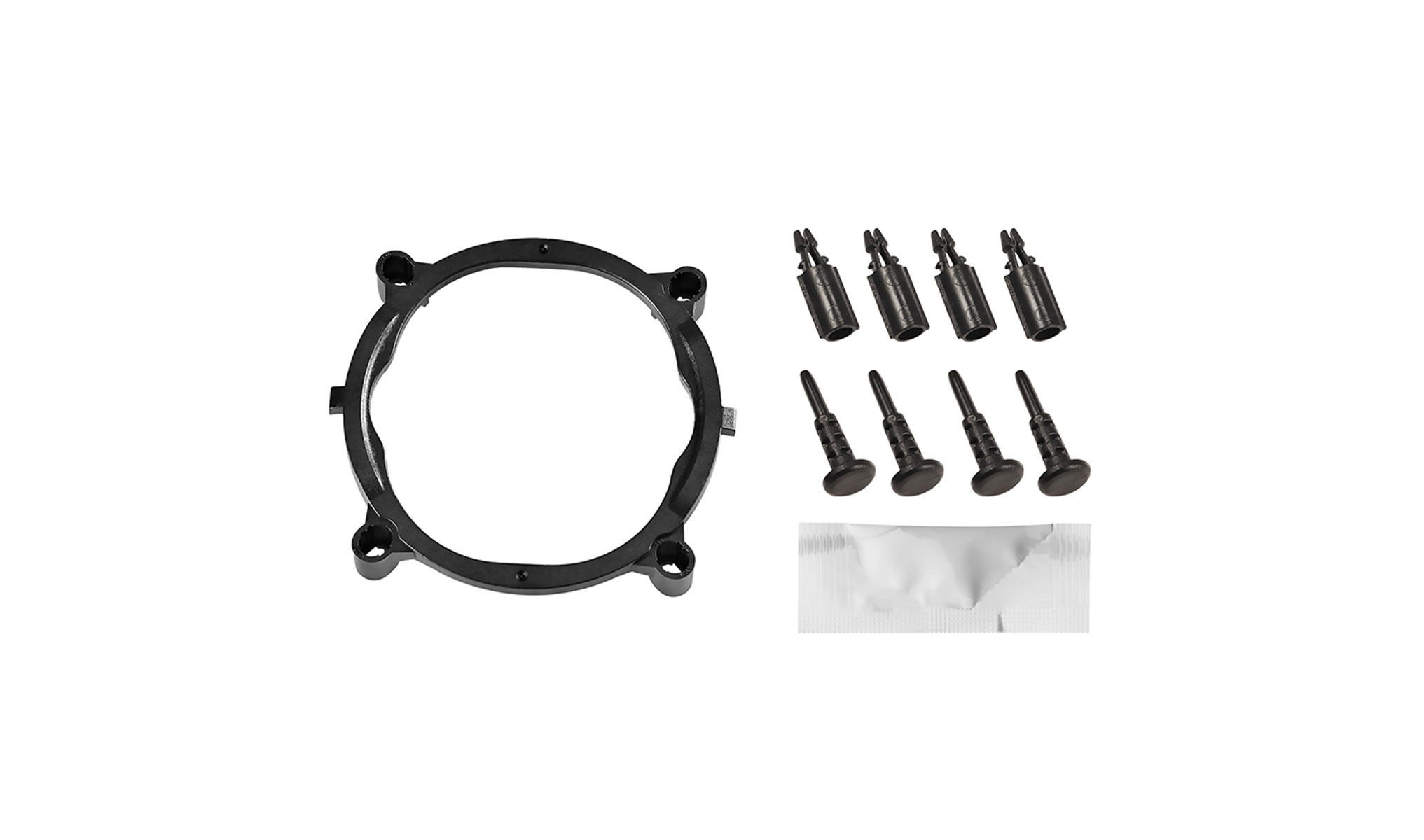 Czarna ramka montażowa, sprzęt i pasta termoprzewodząca na białym tle.