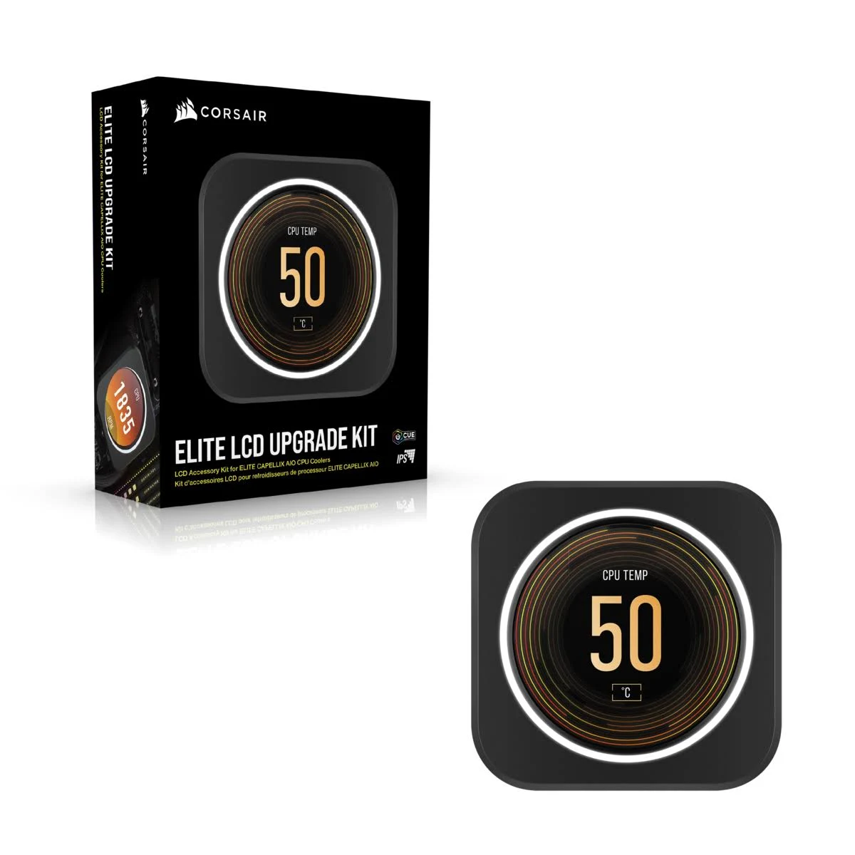 Kit de actualización Corsair Elite LCD, con caja y pantalla LCD mostrando 50°C.