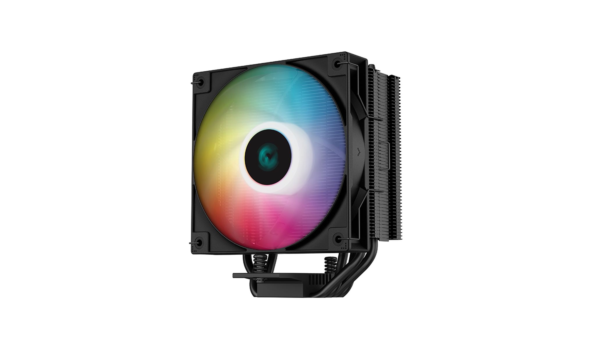 Ventola per computer nera con display di luce multicolore. Lo sfondo è bianco.