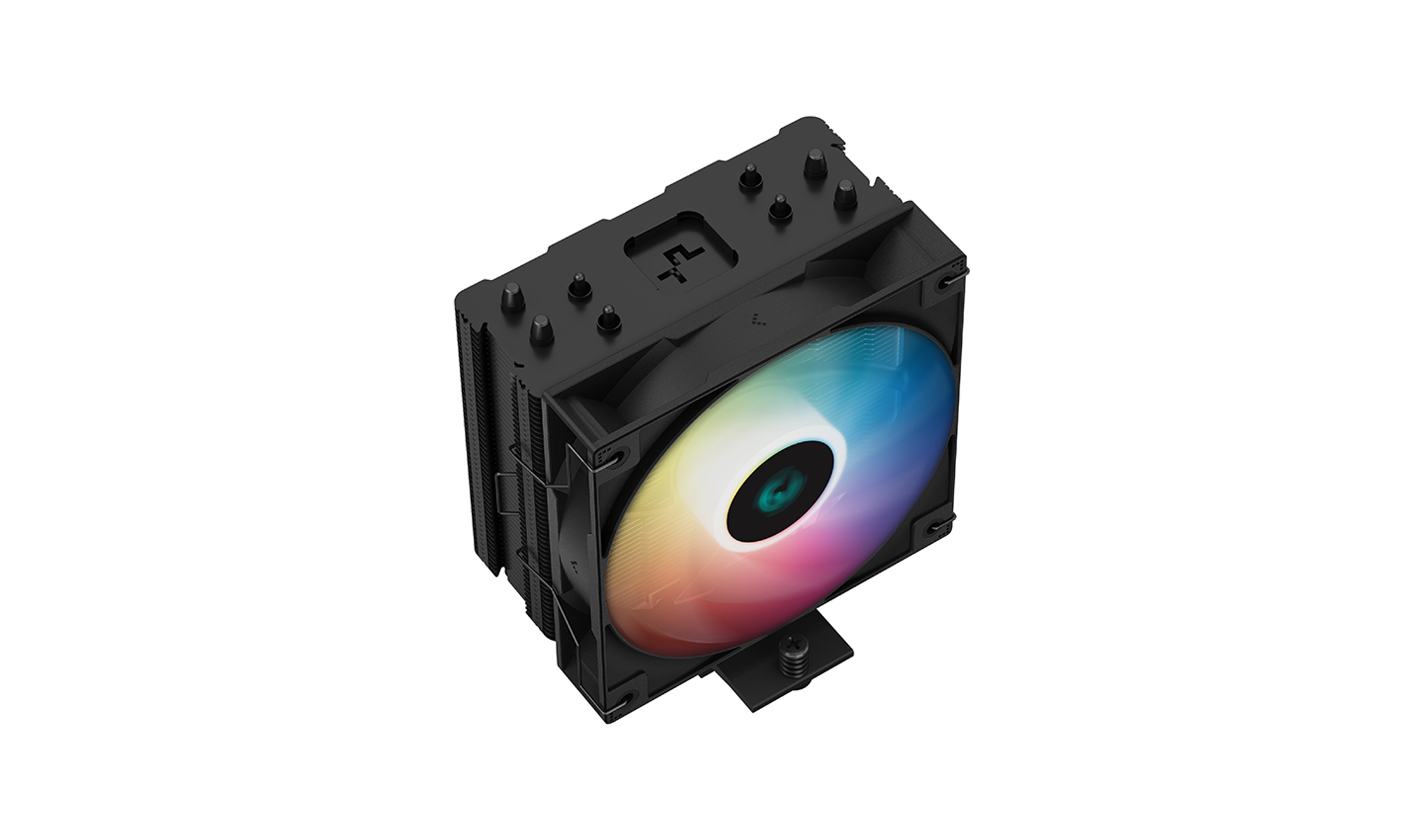Dissipatore CPU nero con una ventola multicolore. Design del dissipatore di calore.