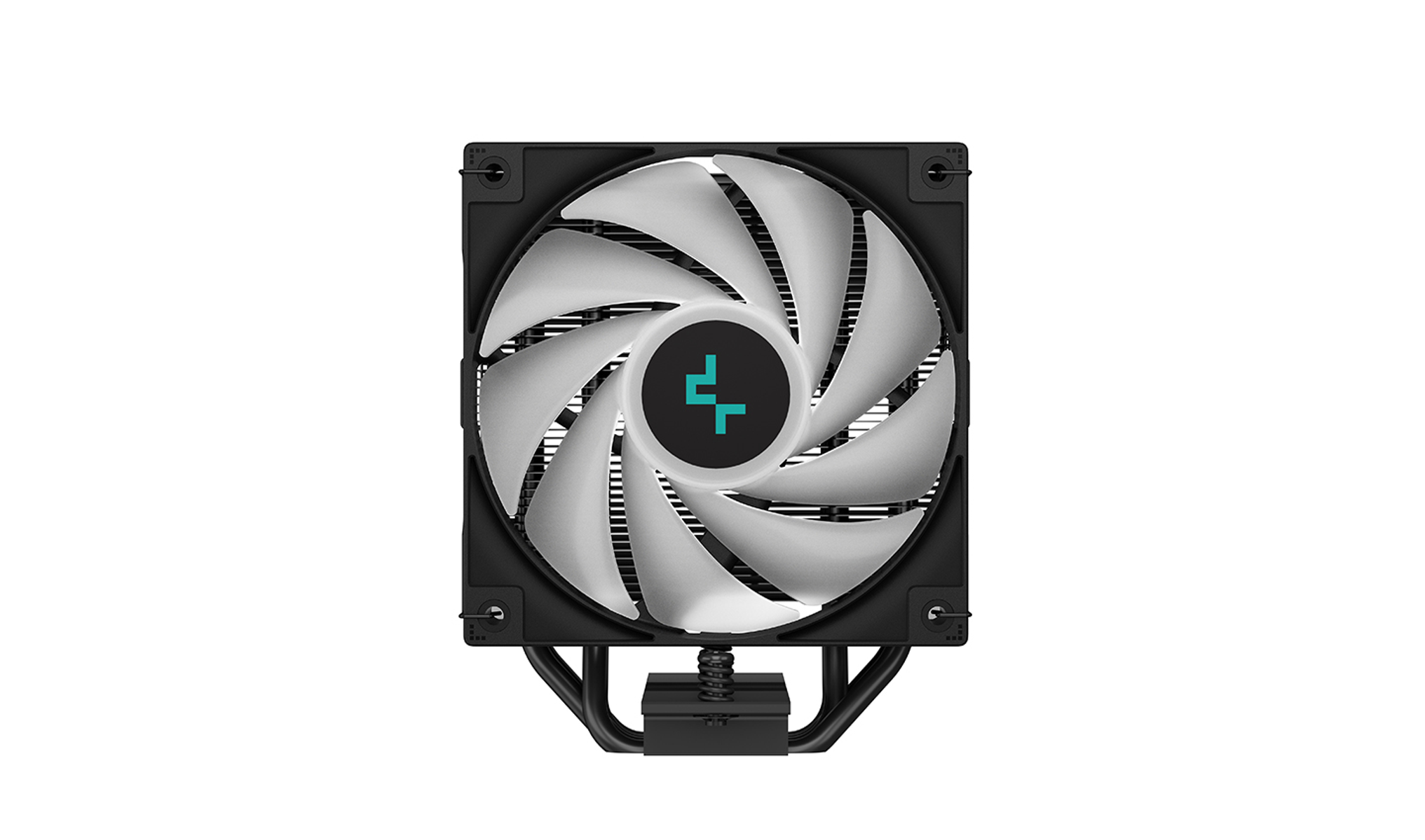 Ventola per computer con pale bianche e telaio nero. Con logo e hardware di montaggio.