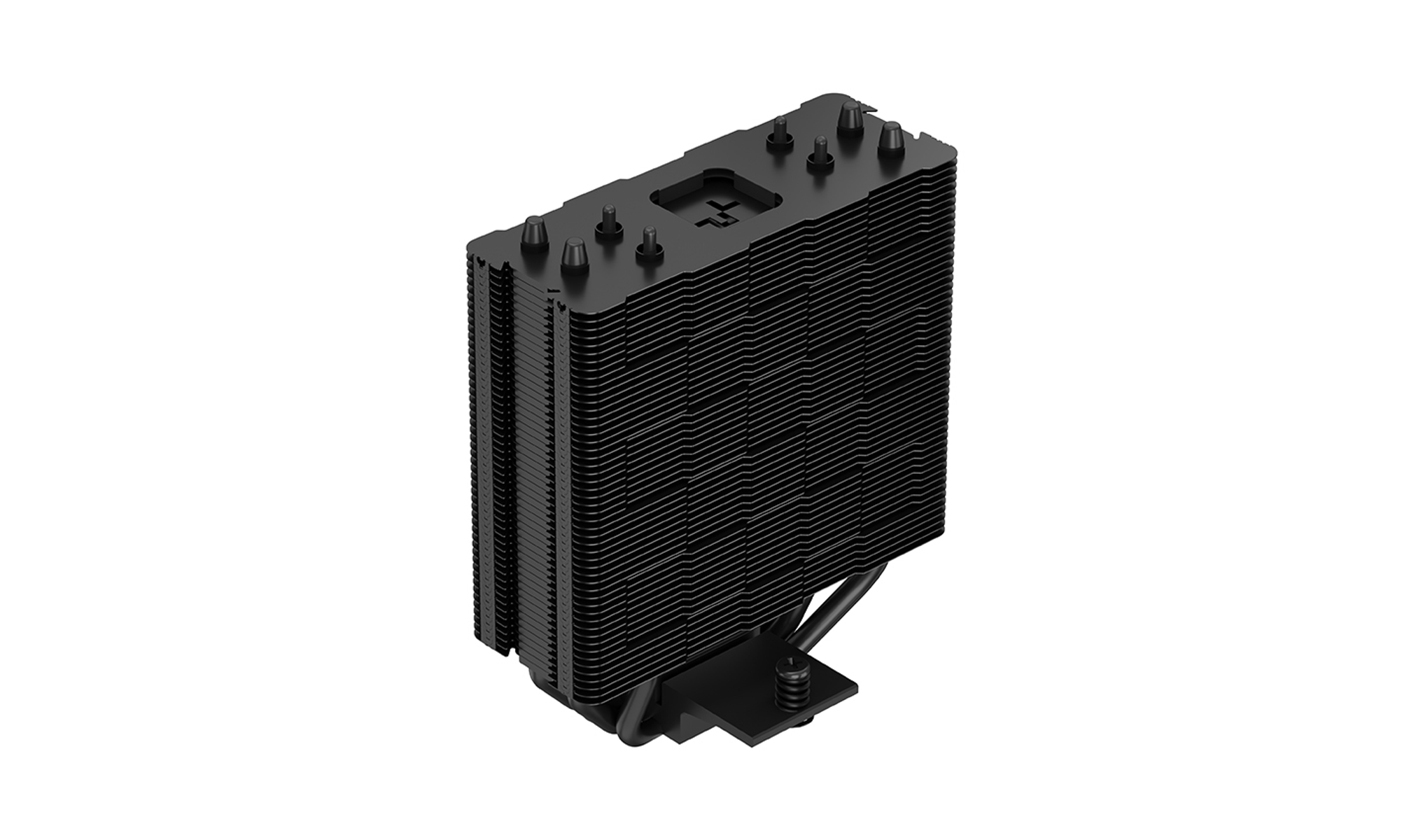 Dissipatore CPU nero, rettangolare, con alette impilate e ventola montata in alto.