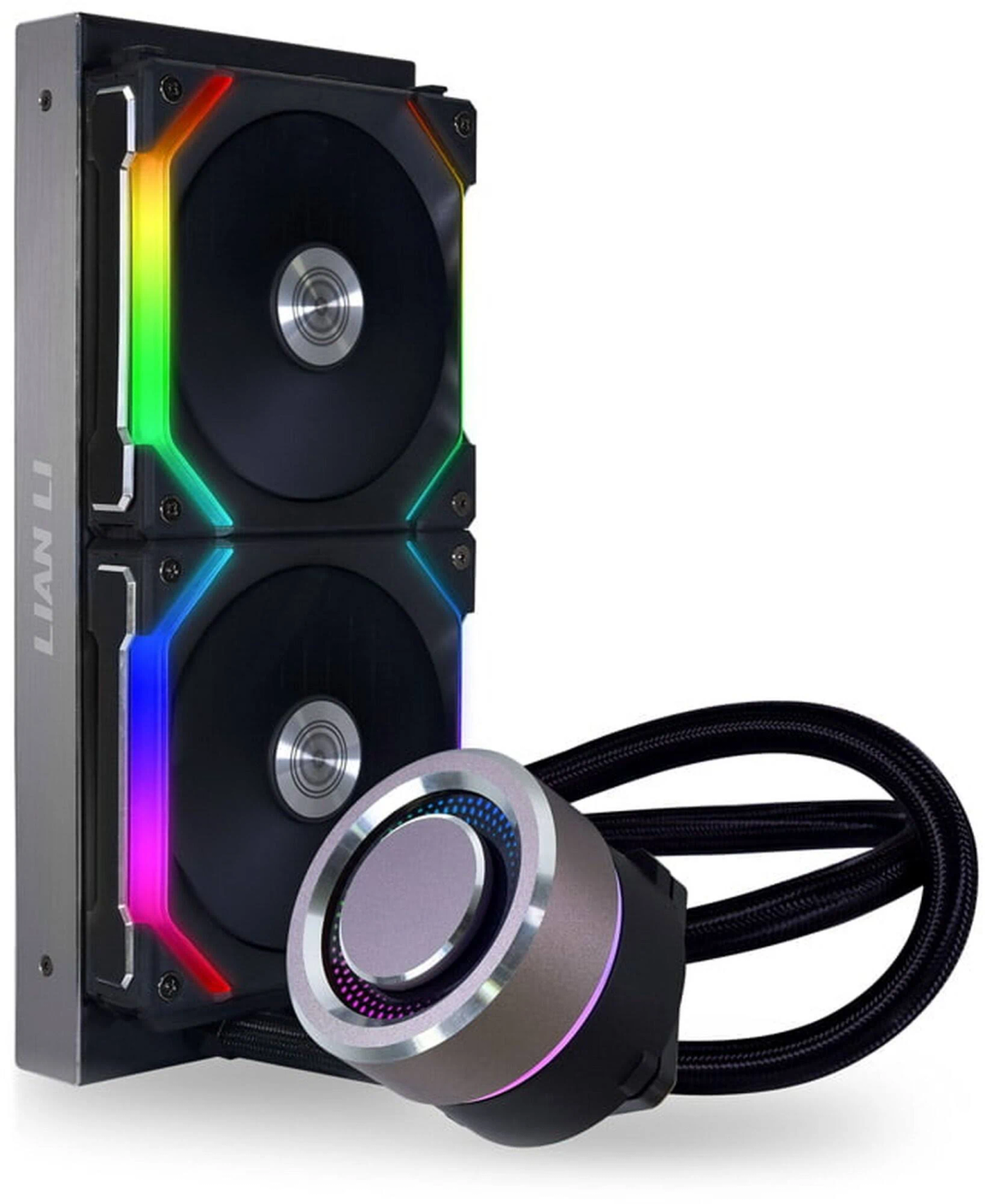 Chłodnica cieczy do PC. Zawiera chłodnicę, dwa wentylatory ze światłami RGB i pompę.
