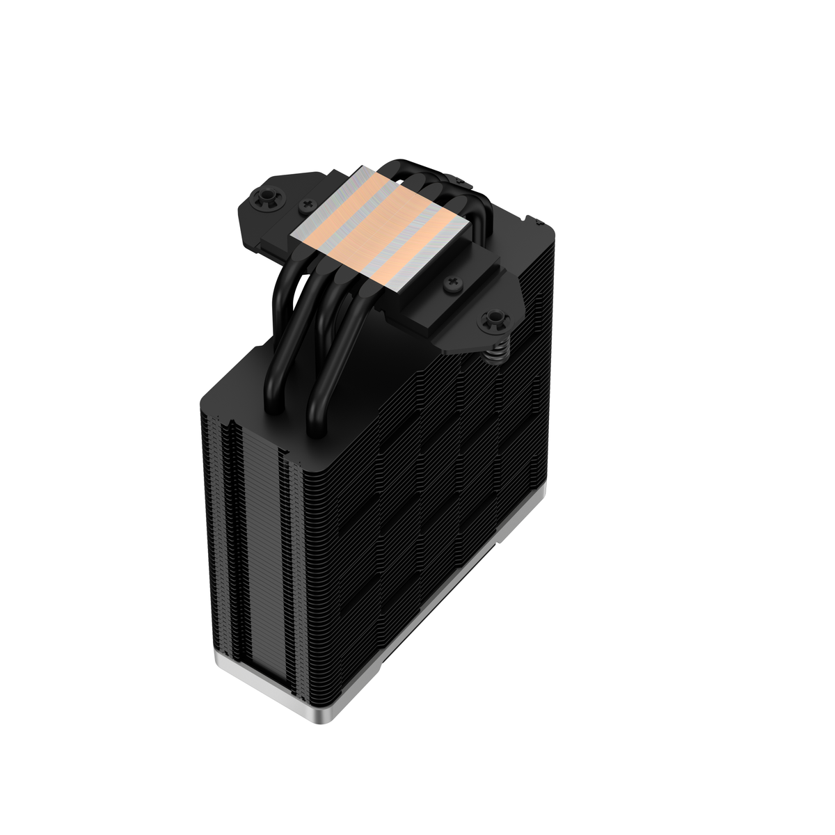 Czarny cooler CPU z miedzianymi rurkami cieplnymi i żeberkami.