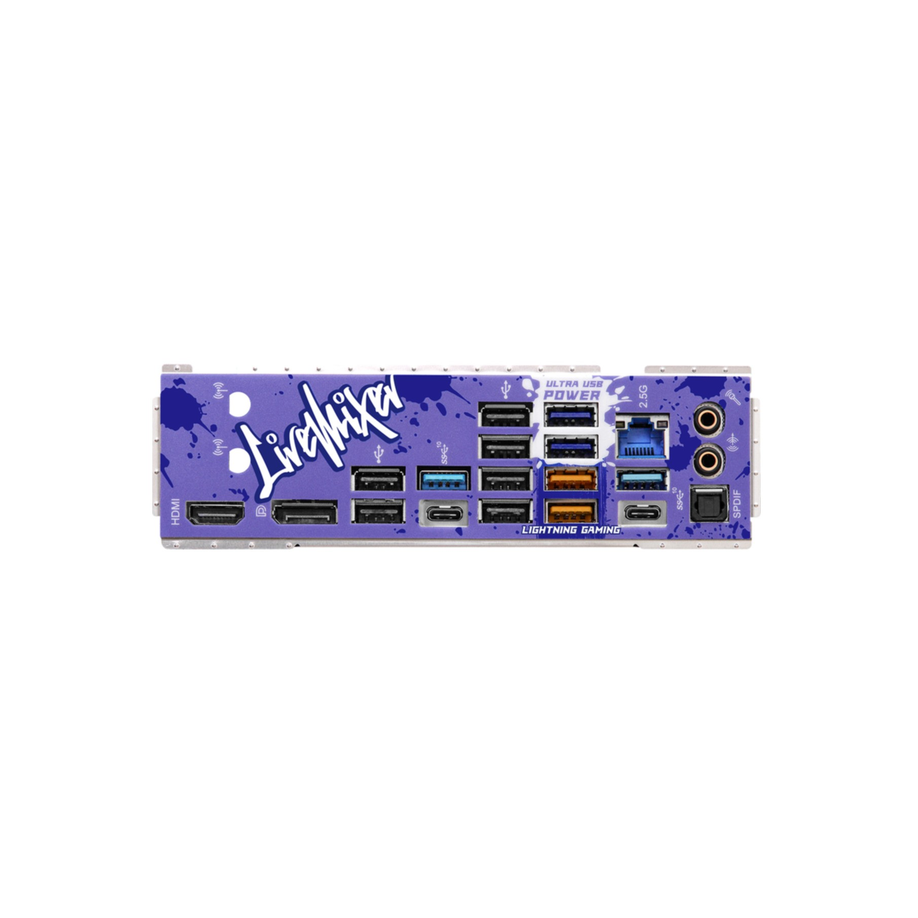 Rückansicht eines lila Motherboards mit verschiedenen Anschlüssen. Der Hintergrund ist weiß.