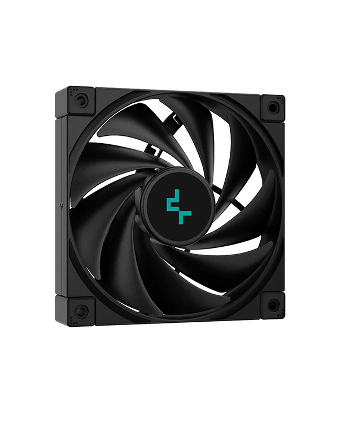 Czarny wentylator komputerowy z łopatkami, na białym tle.