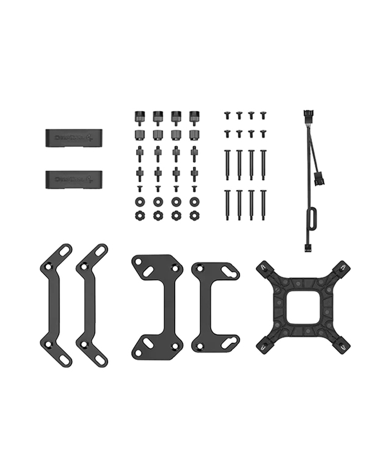 Zbiór komponentów komputerowych, w tym śruby, wsporniki i kable.
