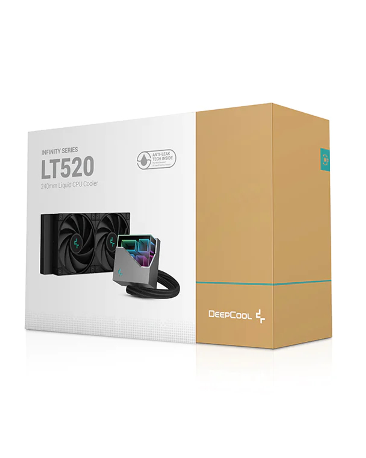 Pudełko chłodnicy komputerowej i sama chłodnica. Pudełko jest brązowe i białe.