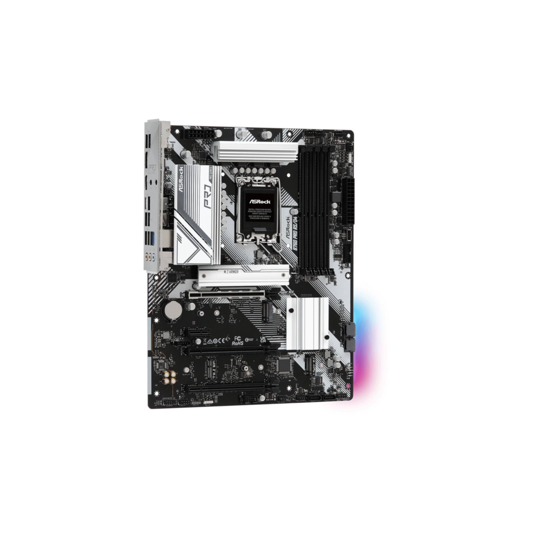 Una scheda madre ASRock in bianco e nero con componenti, isolata su sfondo bianco.