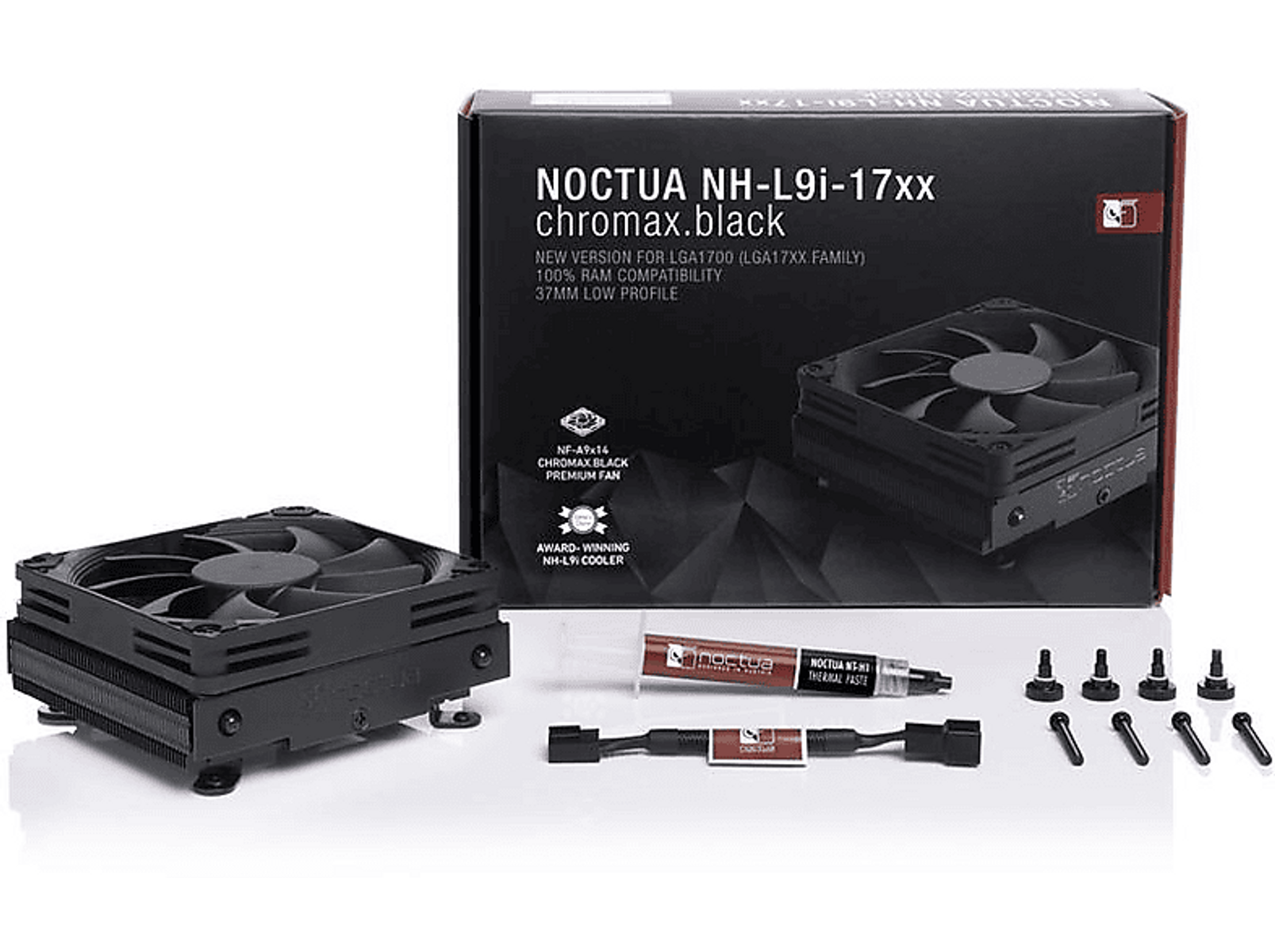 Zestaw chłodzenia procesora Noctua NH-L9i-17xx, z wentylatorem, pastą termoprzewodzącą i osprzętem montażowym.