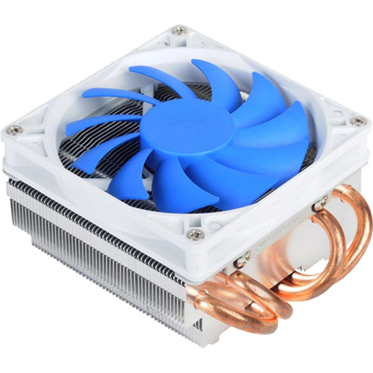 Dissipatore CPU bianco con pale blu. Tubi di rame visibili. Sfondo bianco.
