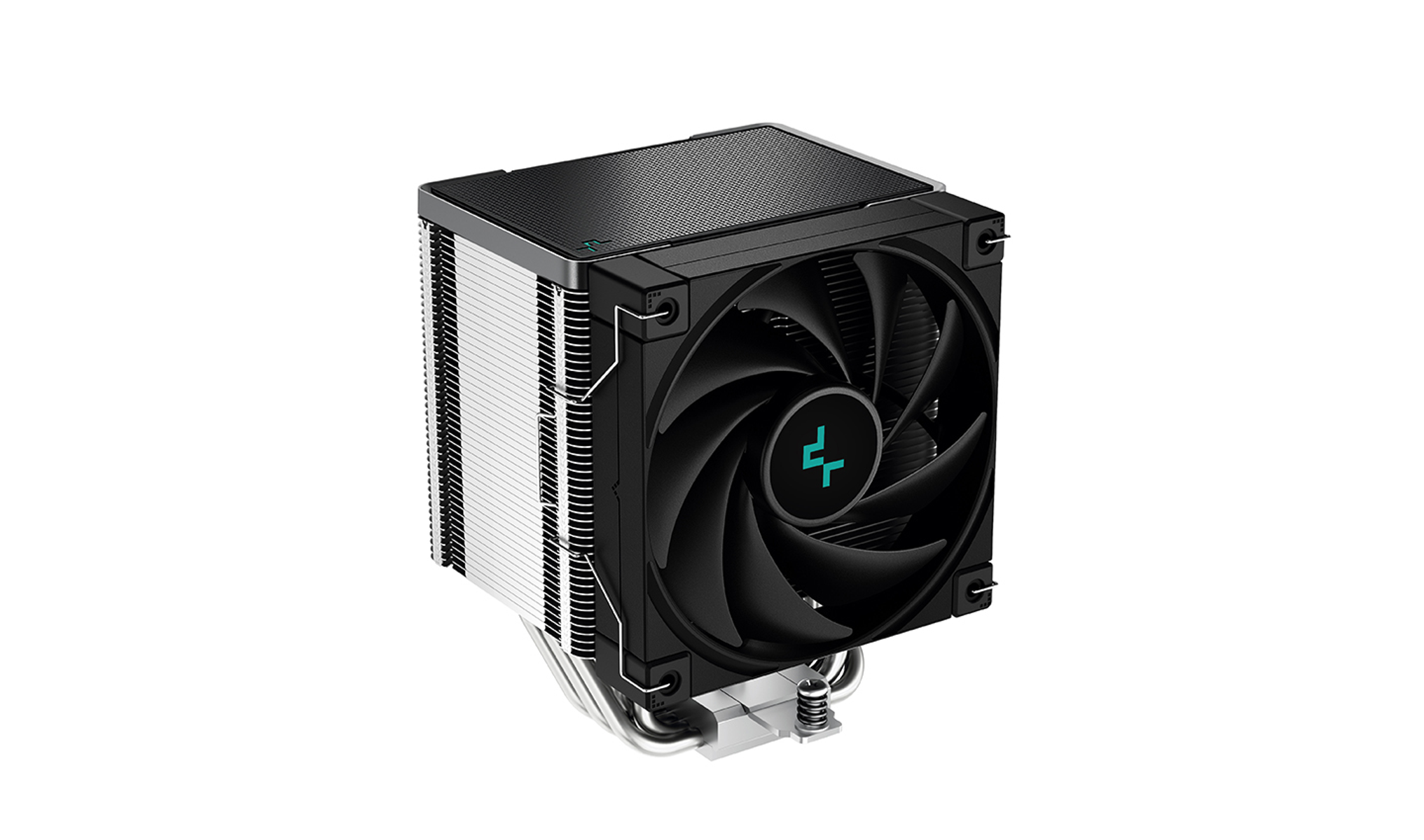 Un dissipatore CPU nero con ventola, dissipatori di calore argentati e tubi metallici.