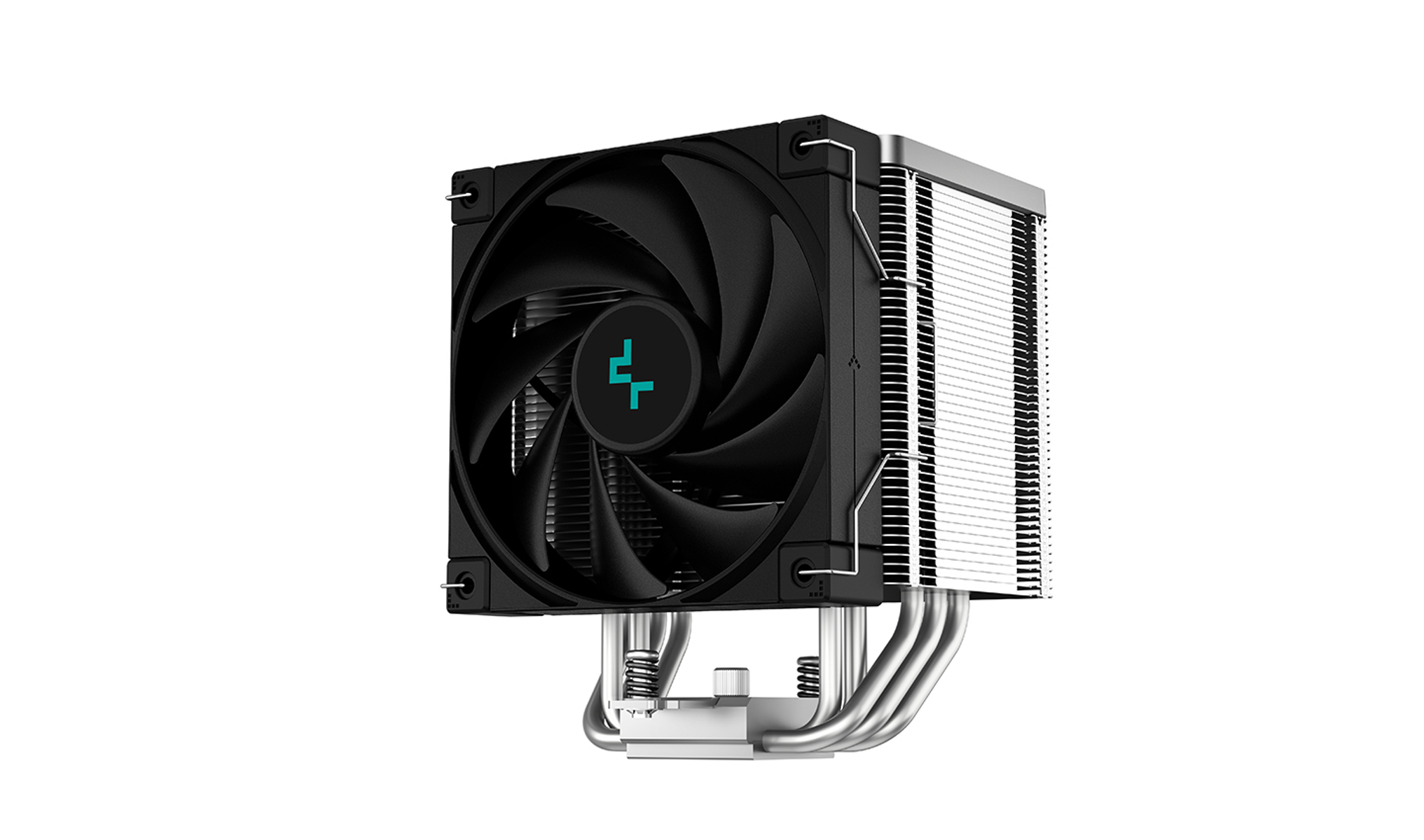 Dissipatore per PC nero con ventola e dissipatore, su sfondo bianco.