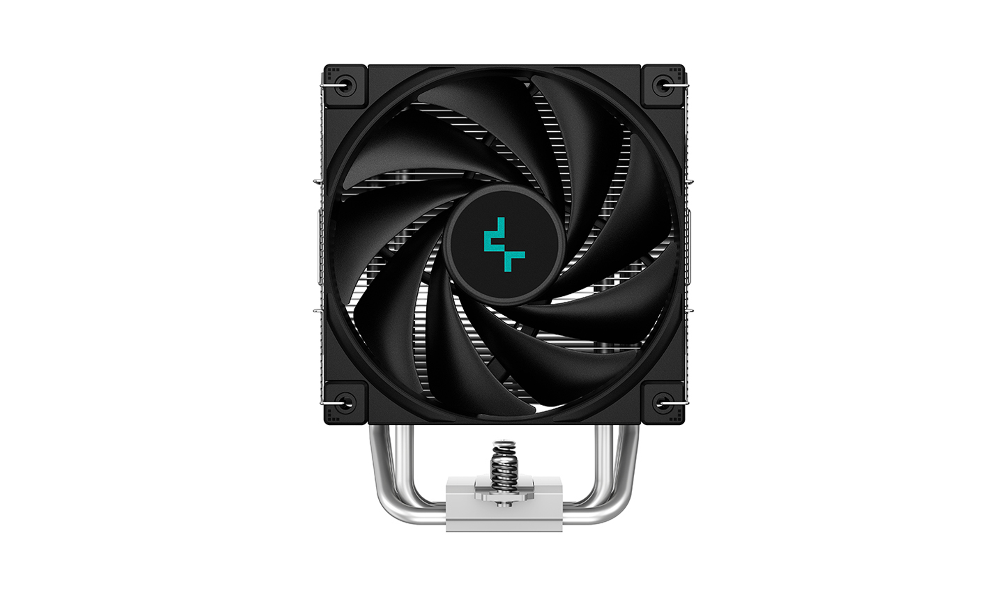 Vista dall'alto di un dissipatore CPU Deepcool. Ventola nera, logo al centro e heat pipe in rame.