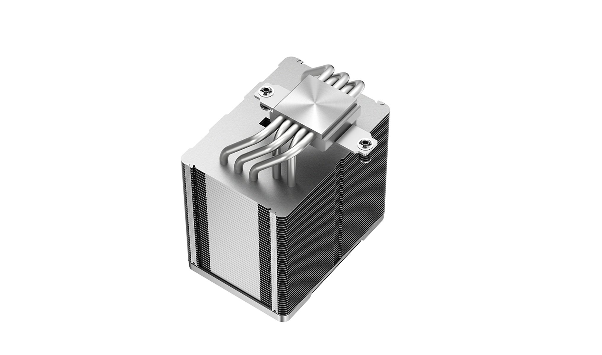 Un dissipatore CPU argentato con heat pipe, su sfondo bianco.