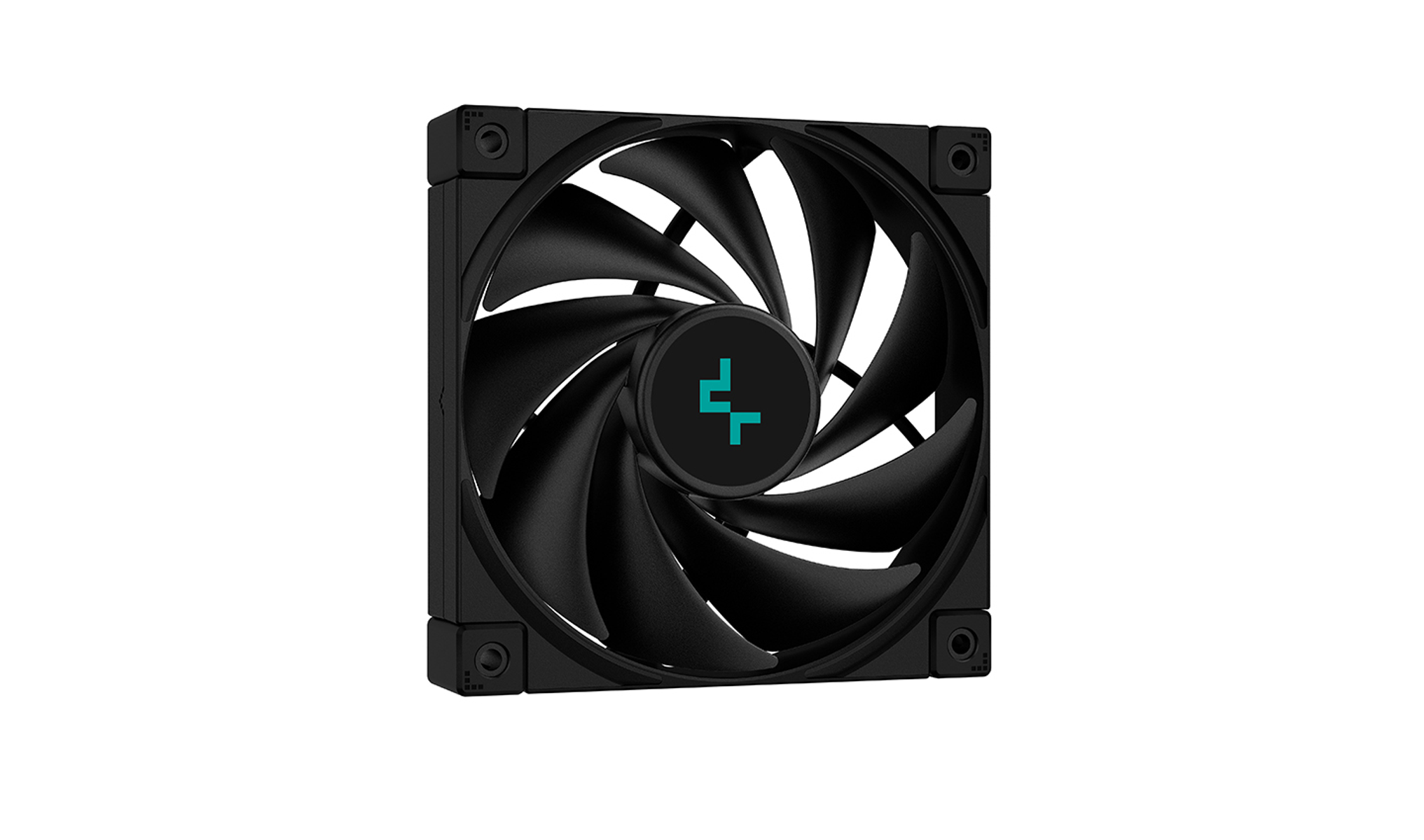 Ventola per computer nera con pale curve. La ventola ha un logo Deepcool circolare al centro.