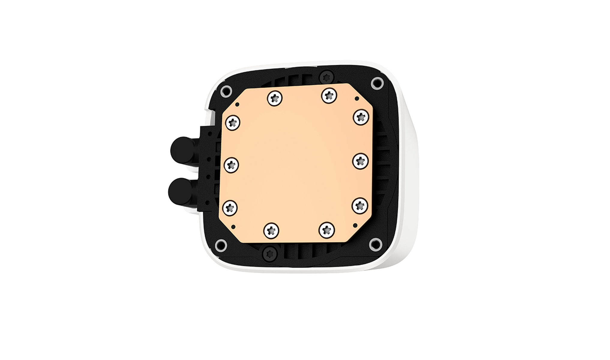 Białe chłodzenie cieczą z miedzianą płytą i śrubami. Czarne rurki są podłączone z boku.
