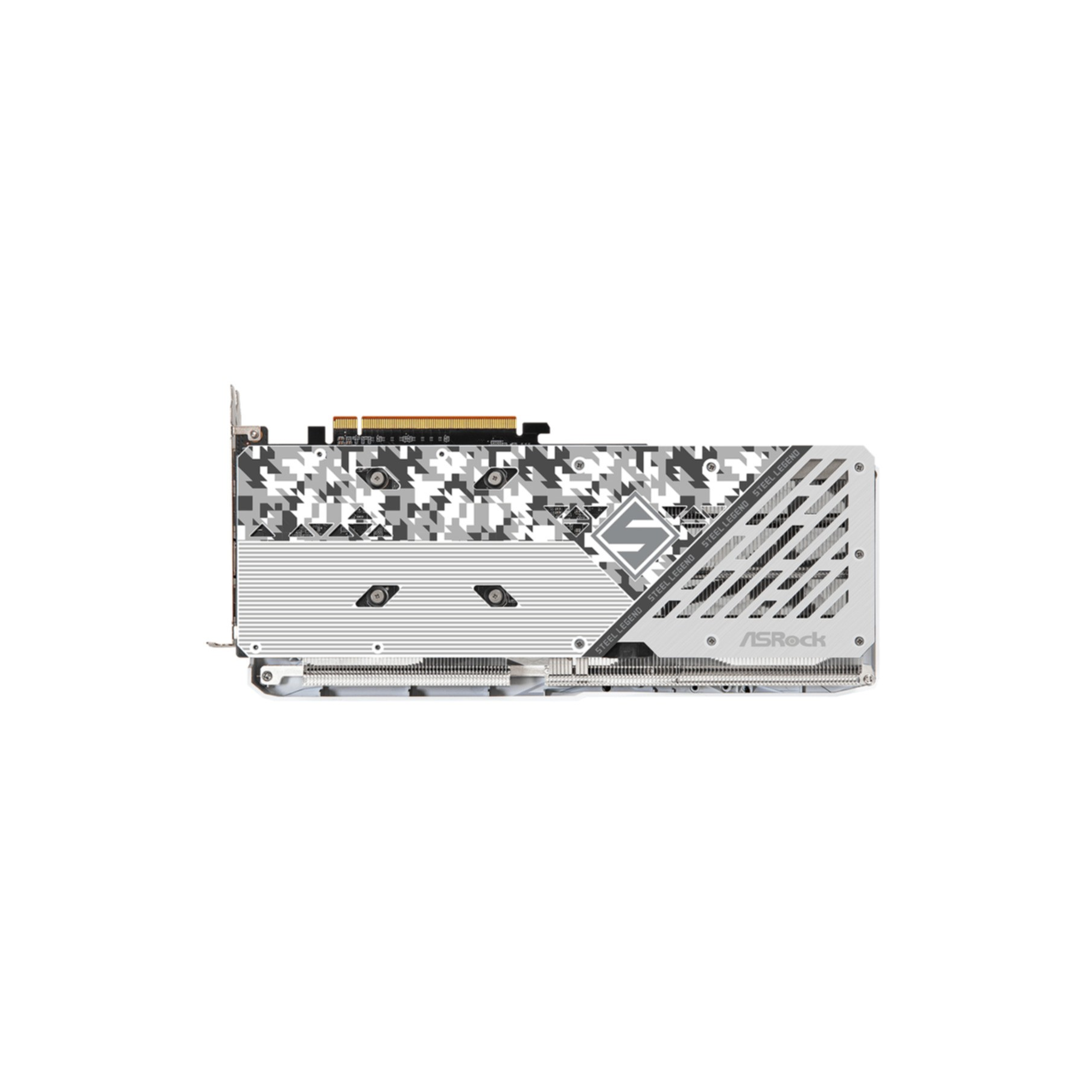 Biało-szara karta graficzna w wzory, widok z boku. Widoczne logo ASRock.