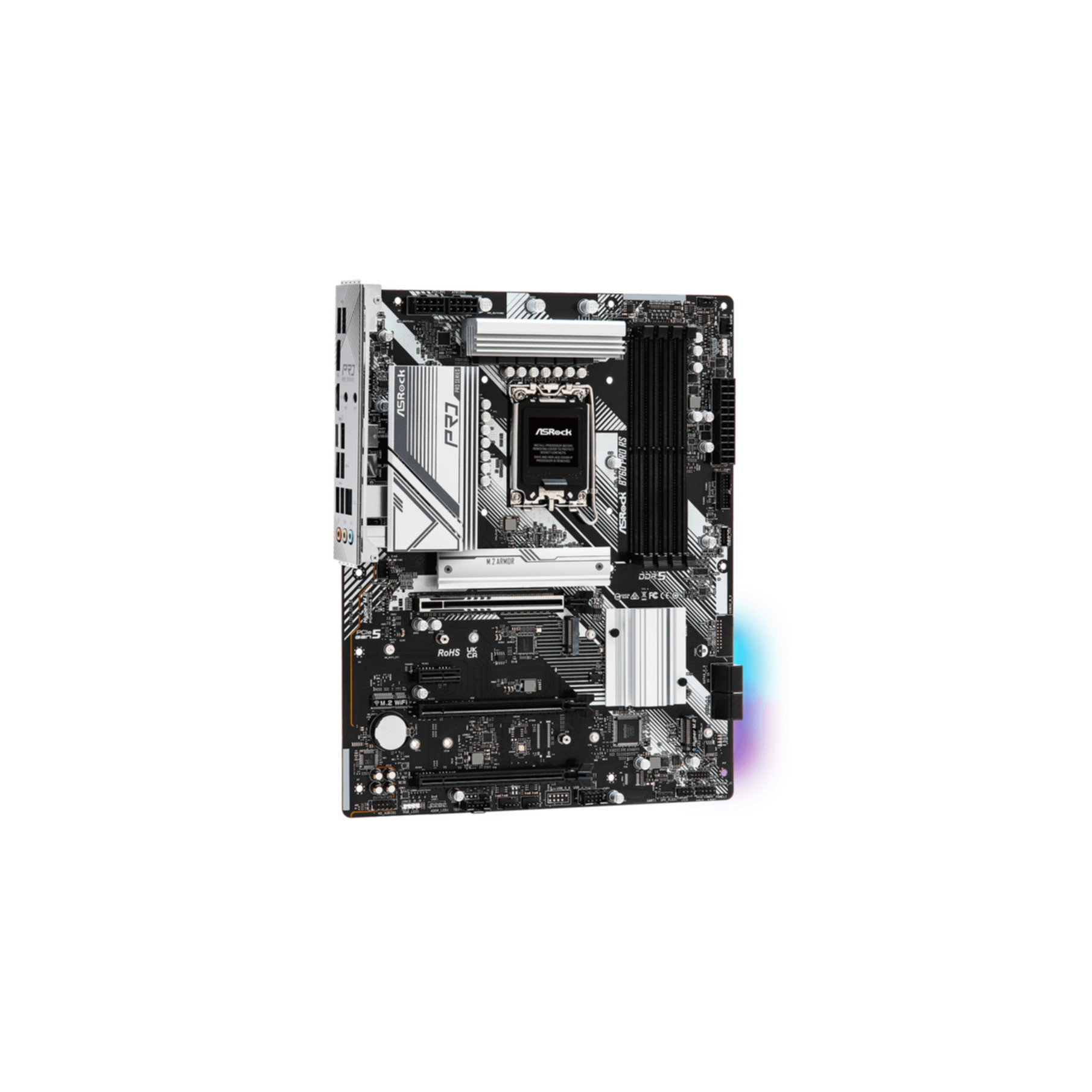 Motherboard with various components, including a CPU socket, RAM slots, and ports.