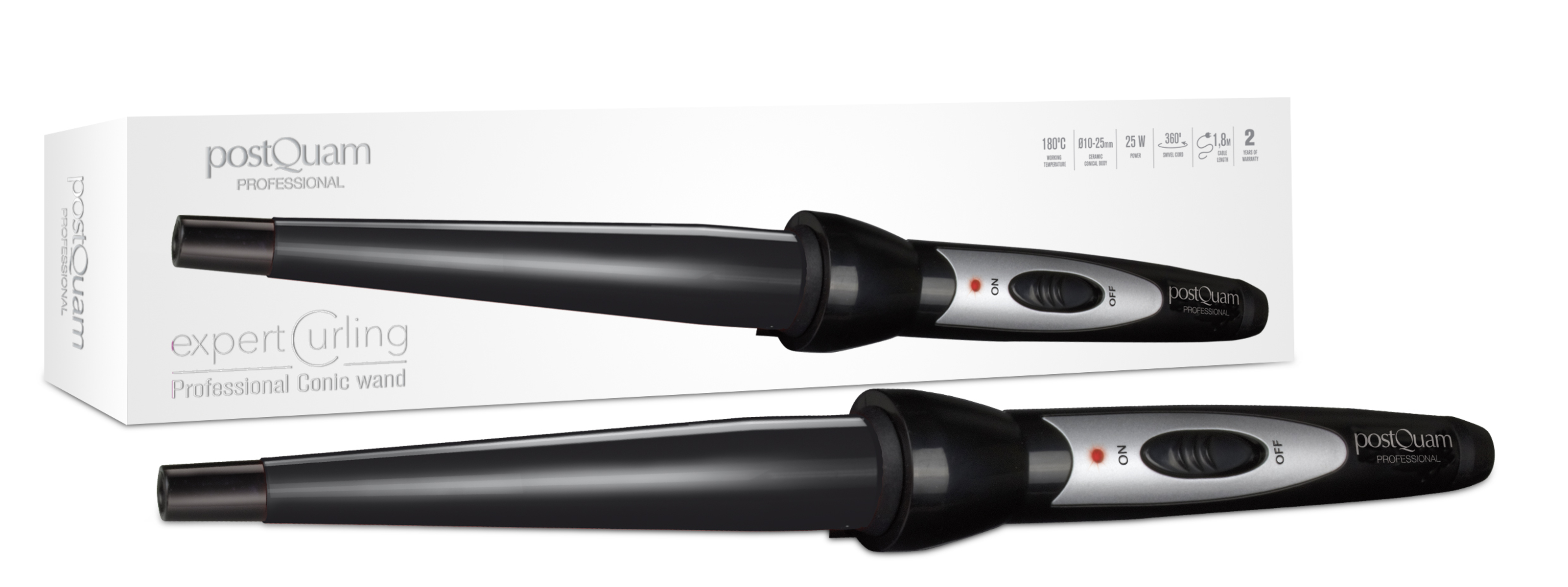 Czarna i srebrna lokówka PostQuam przed pudełkiem, pod kątem, z włącznikiem/wyłącznikiem i ustawieniami.