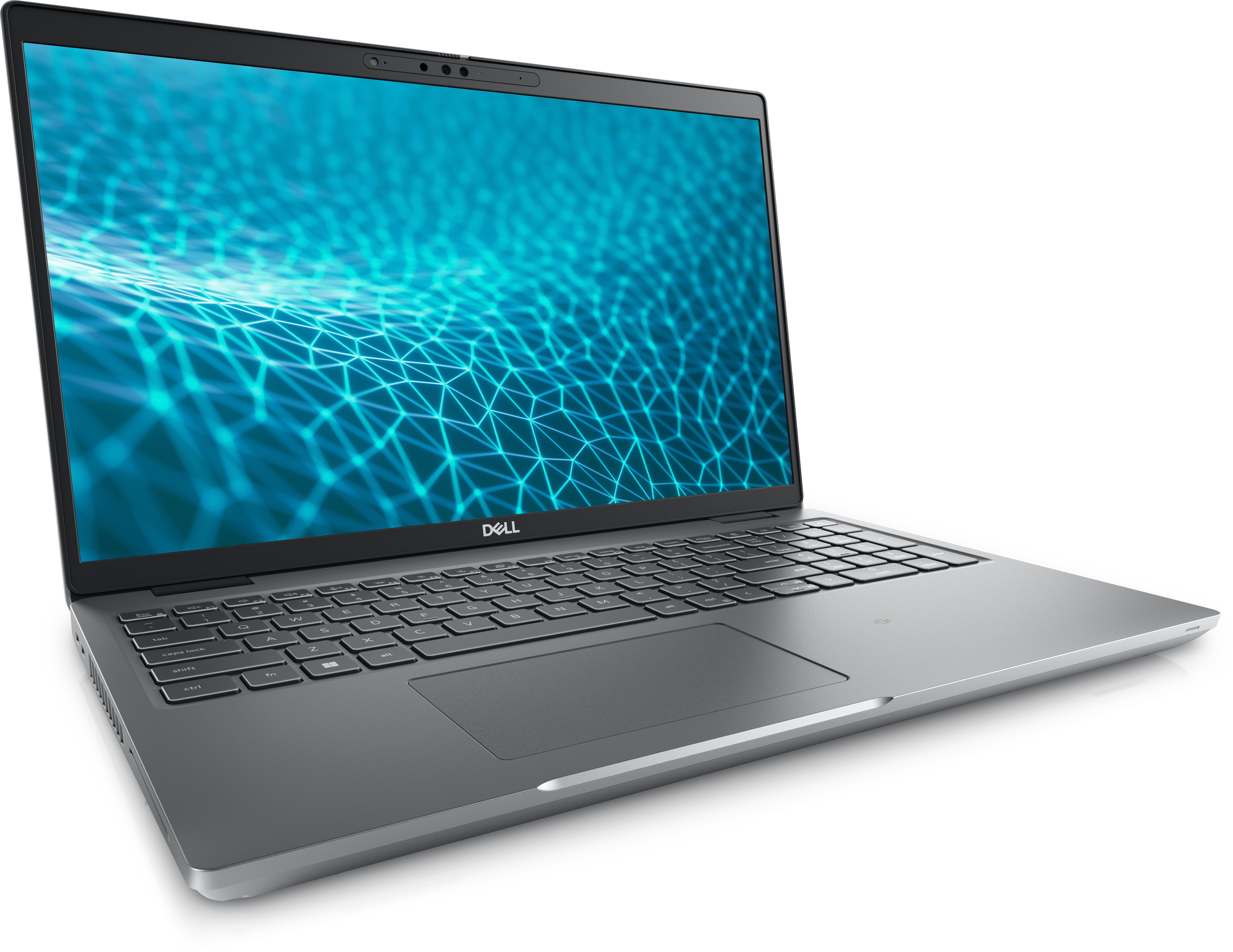 Ein silberner Laptop mit einem Bildschirm, der ein blaues Netzwerk-Muster anzeigt.