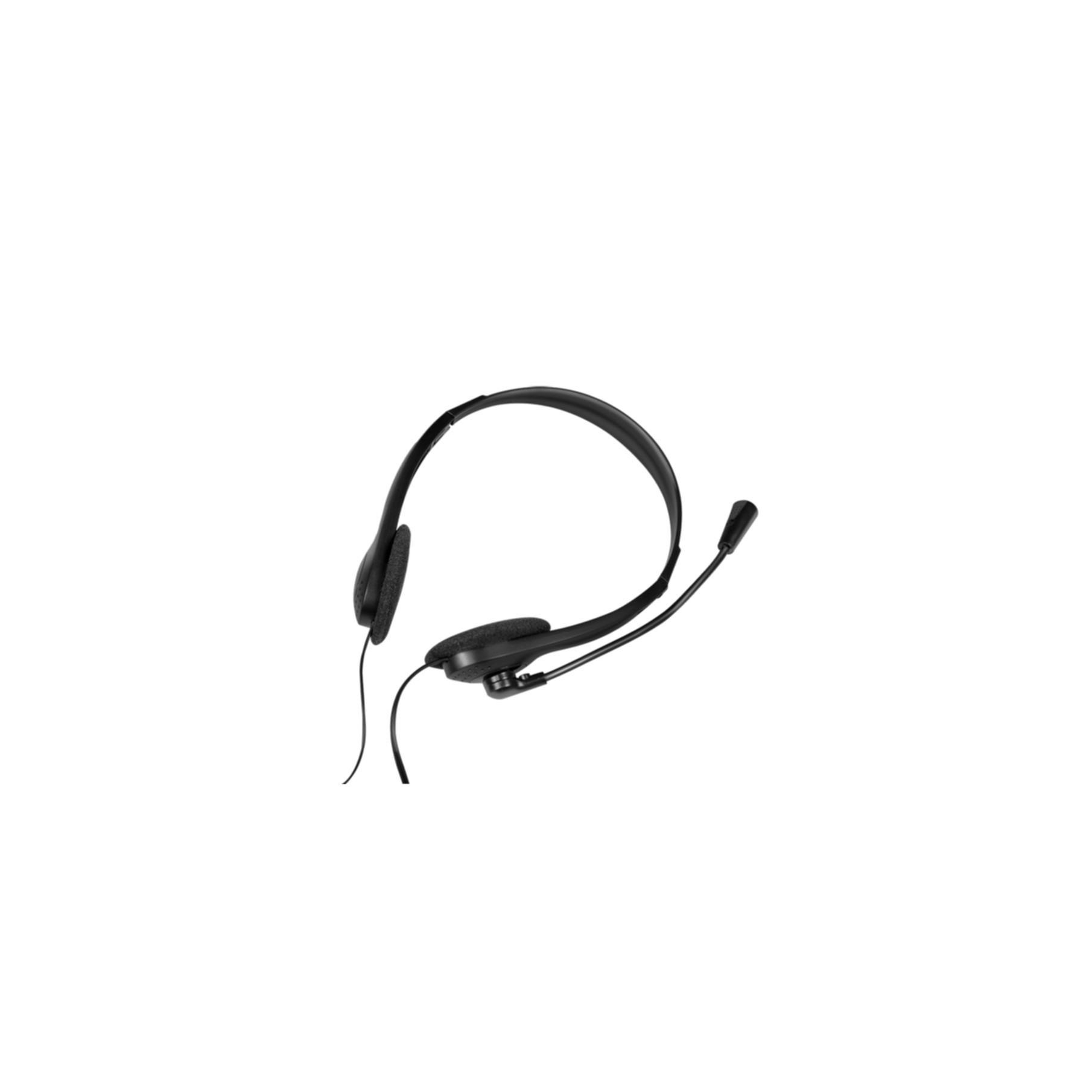 Schwarzes Headset mit Mikrofon, auf weißem Hintergrund.