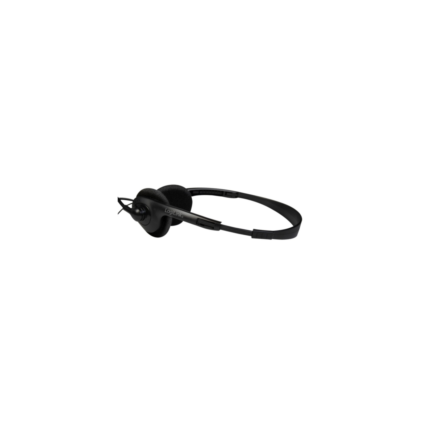 Schwarzes LogiLink Headset auf weißem Hintergrund. Das Headset hat einen Kopfbügel.