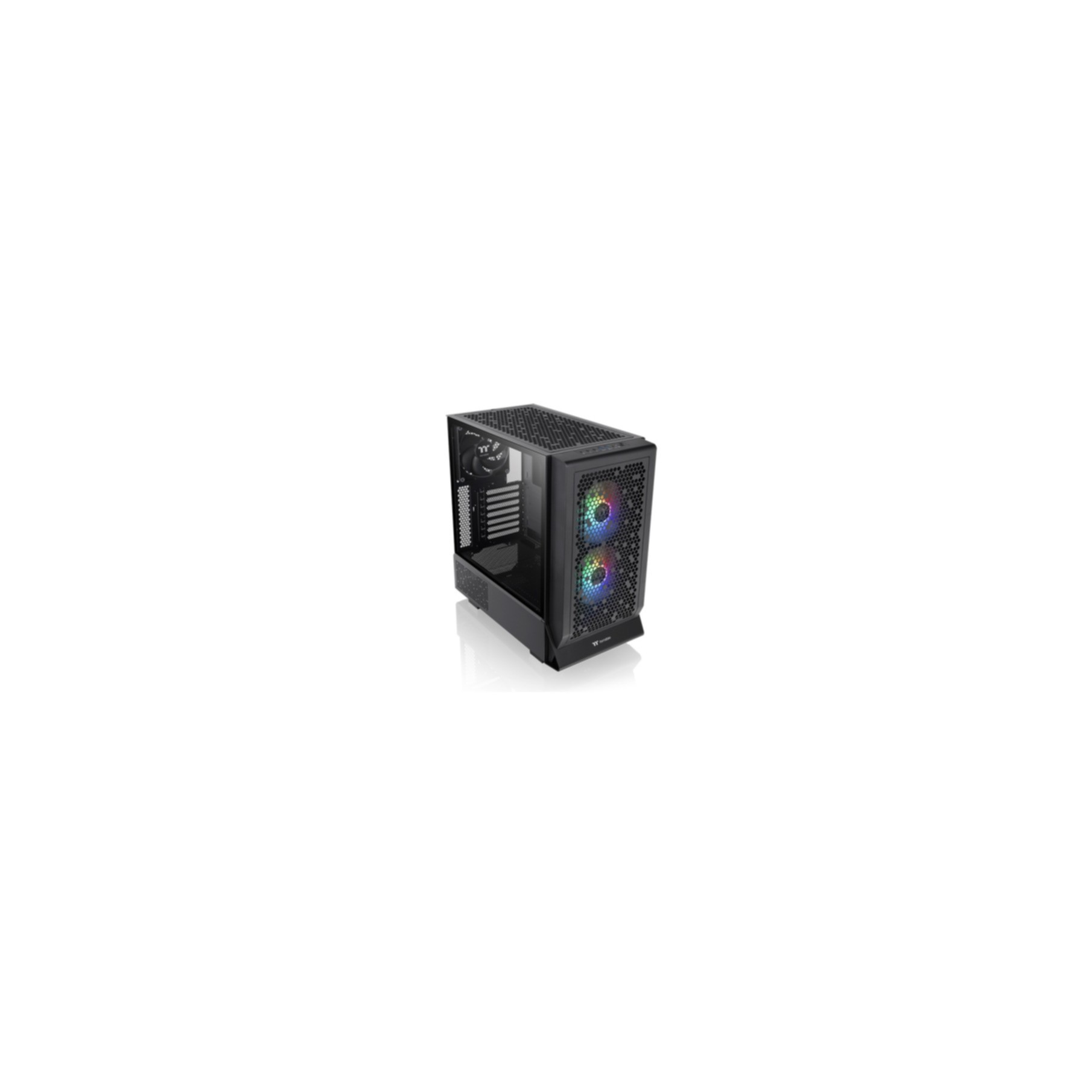 Een zwarte en grijze computerkast met RGB-ventilatoren. De kast is open.