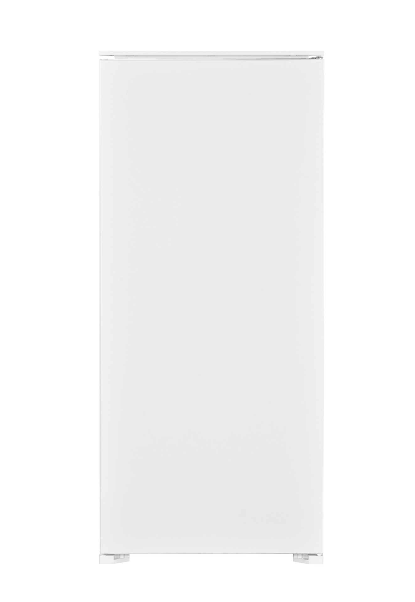 Un réfrigérateur blanc sur fond blanc, grand et mince, avec un design simple.